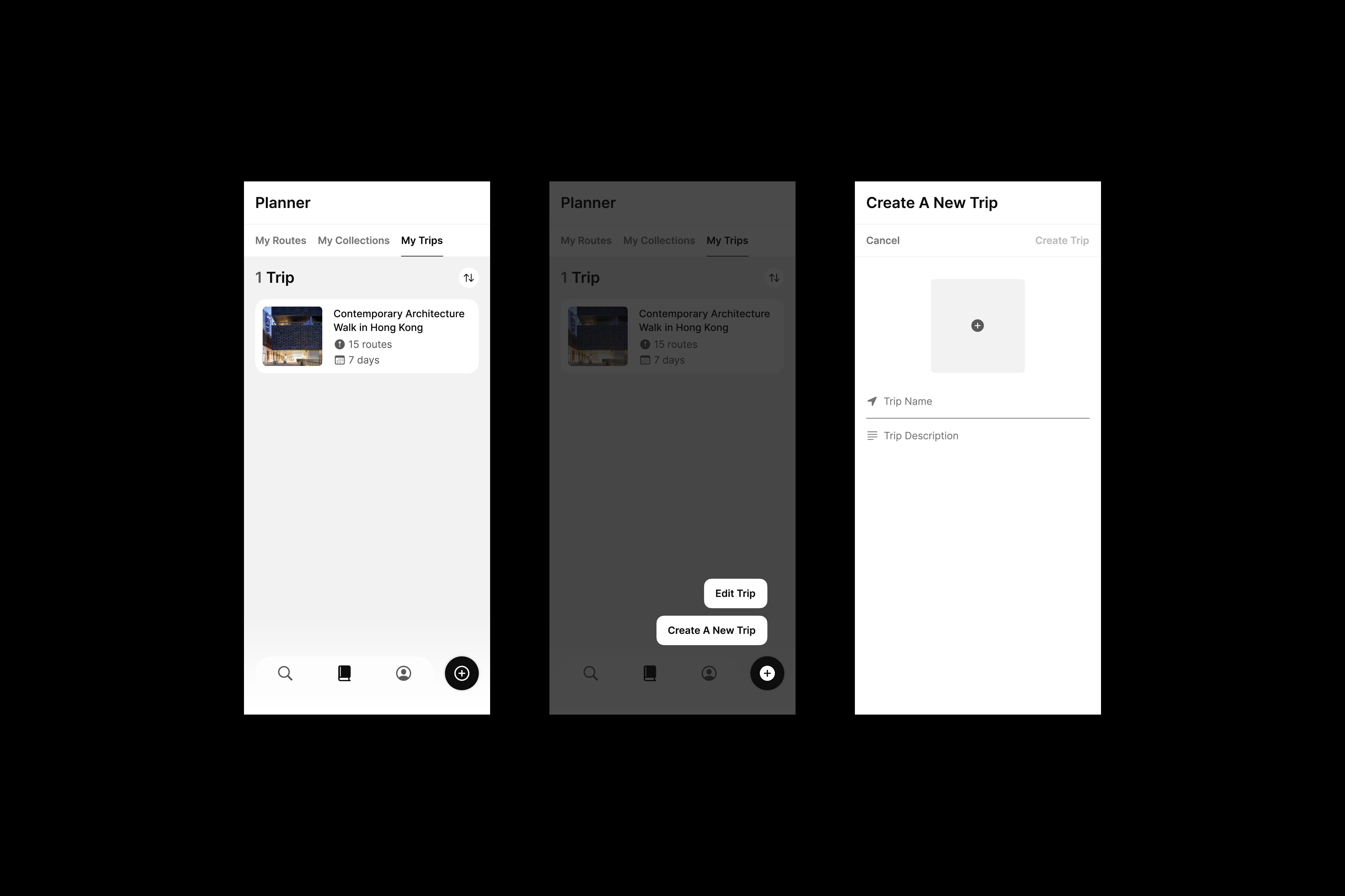Three designs featuring the Many Road app's create a new trip page.