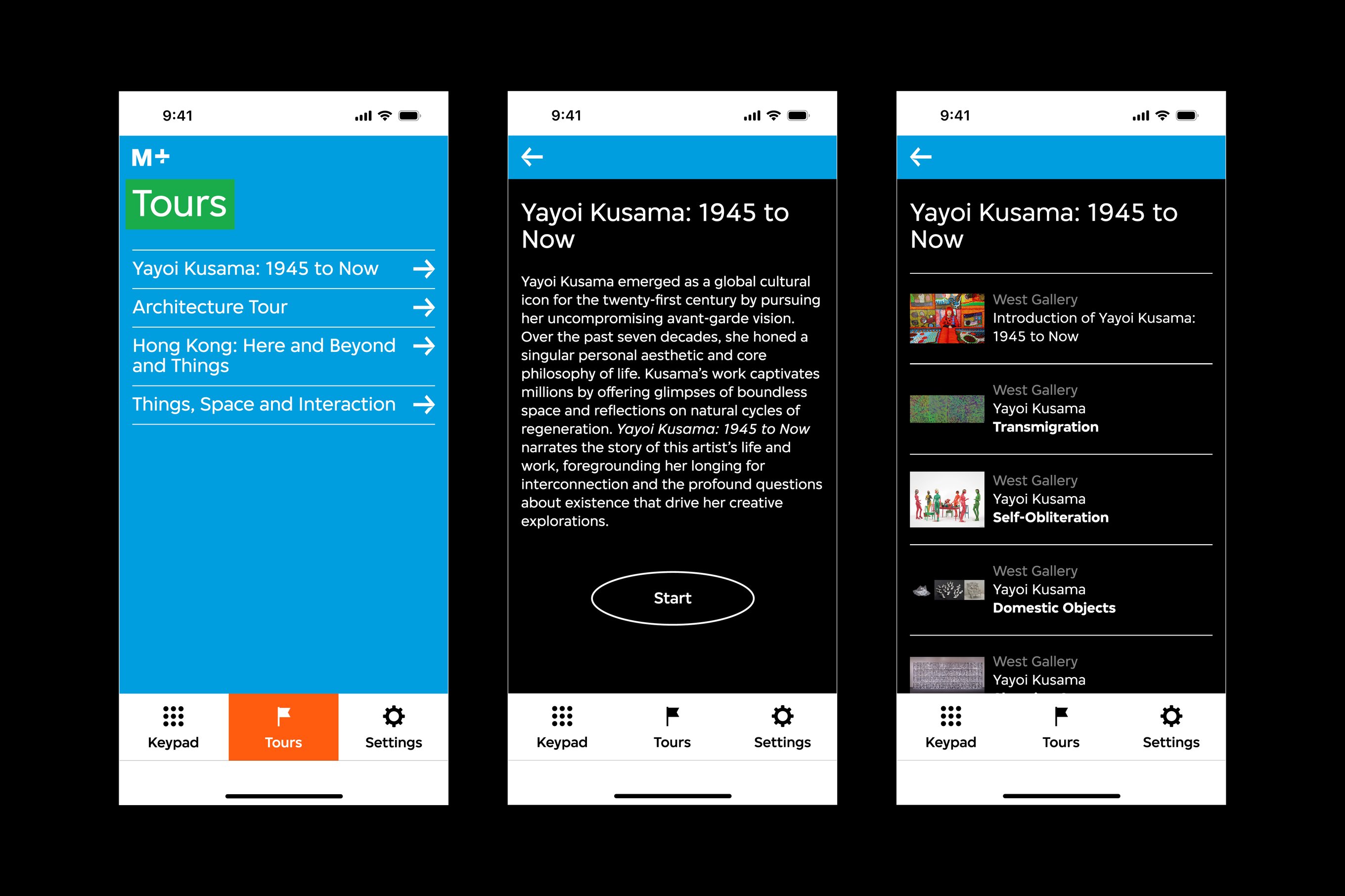 There are three audio guide interfaces. The first interface features the tours overview page. The second interface features the exhibition introduction page, and the third interface features an exhibition overview page.