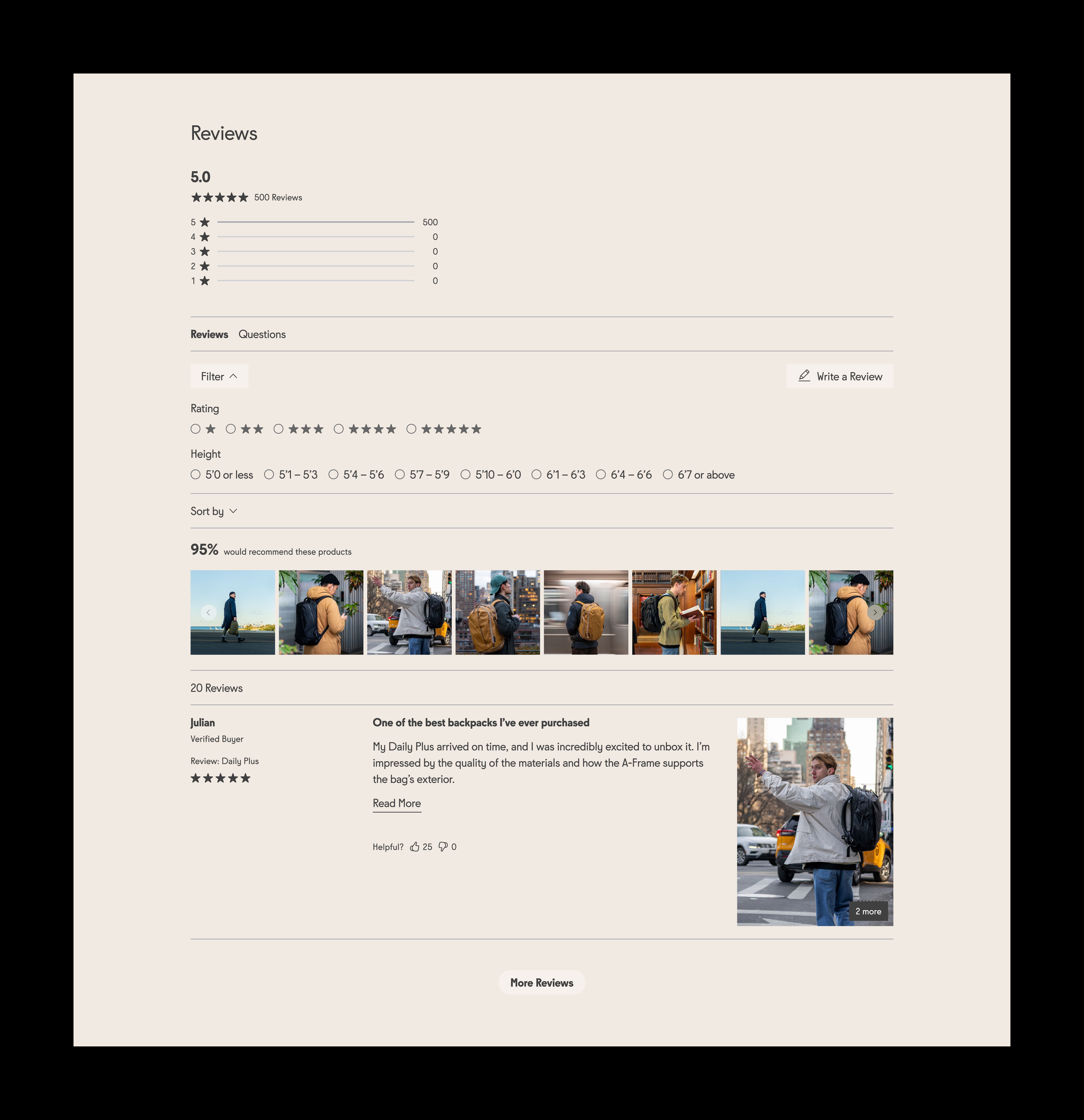 An image featuring Able Carry's product detail page design, feature a product review section.