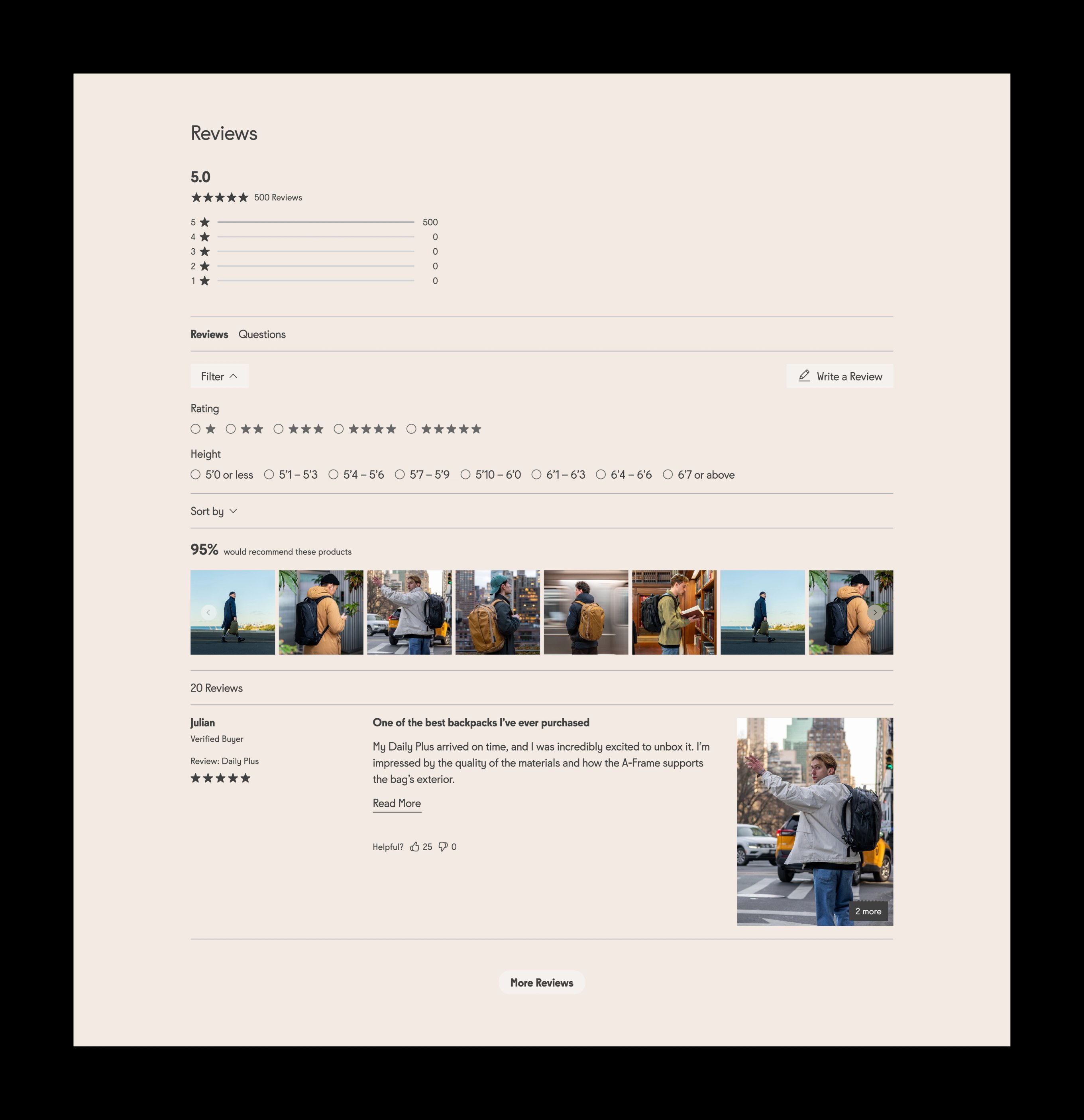 An image featuring Able Carry's product detail page design, feature a product review section.
