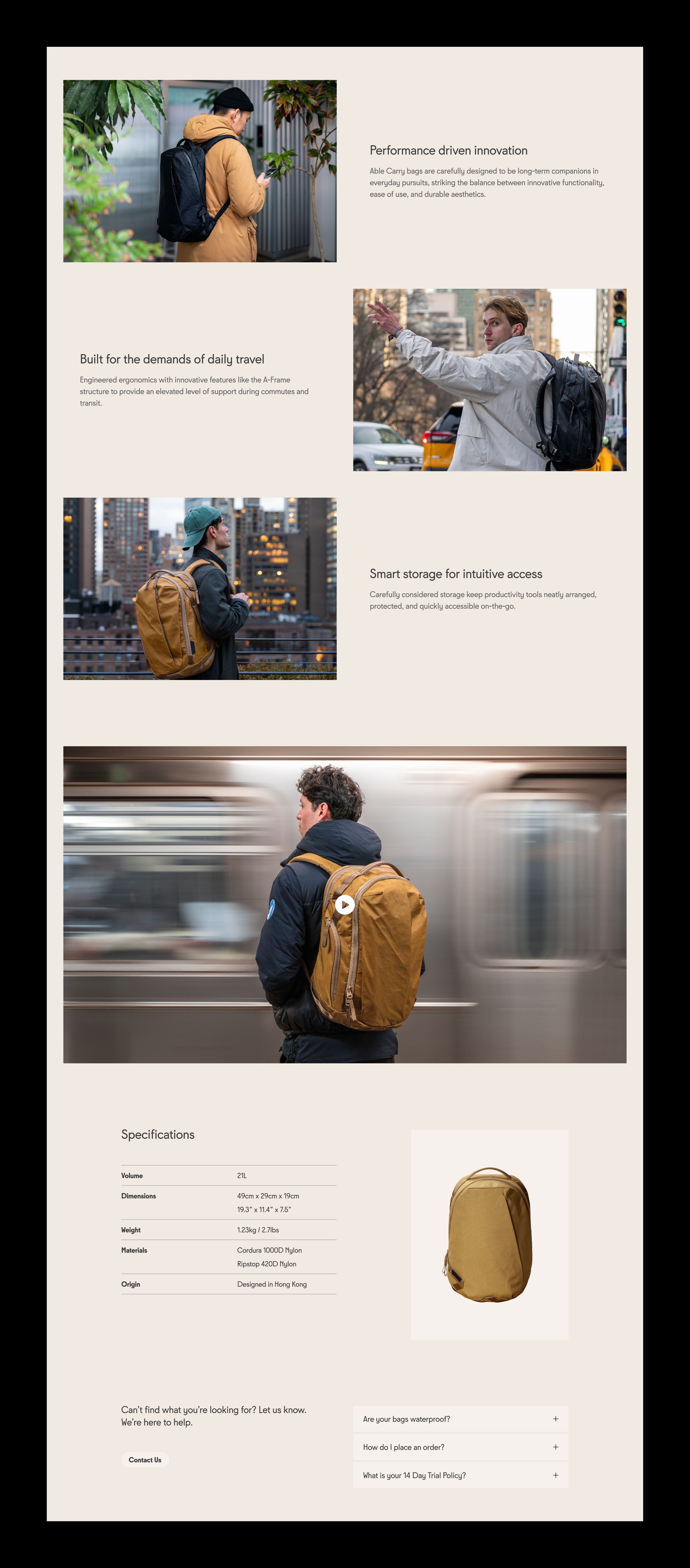 An image featuring Able Carry's product detail page design, feature images, videos, and a list of specifications.