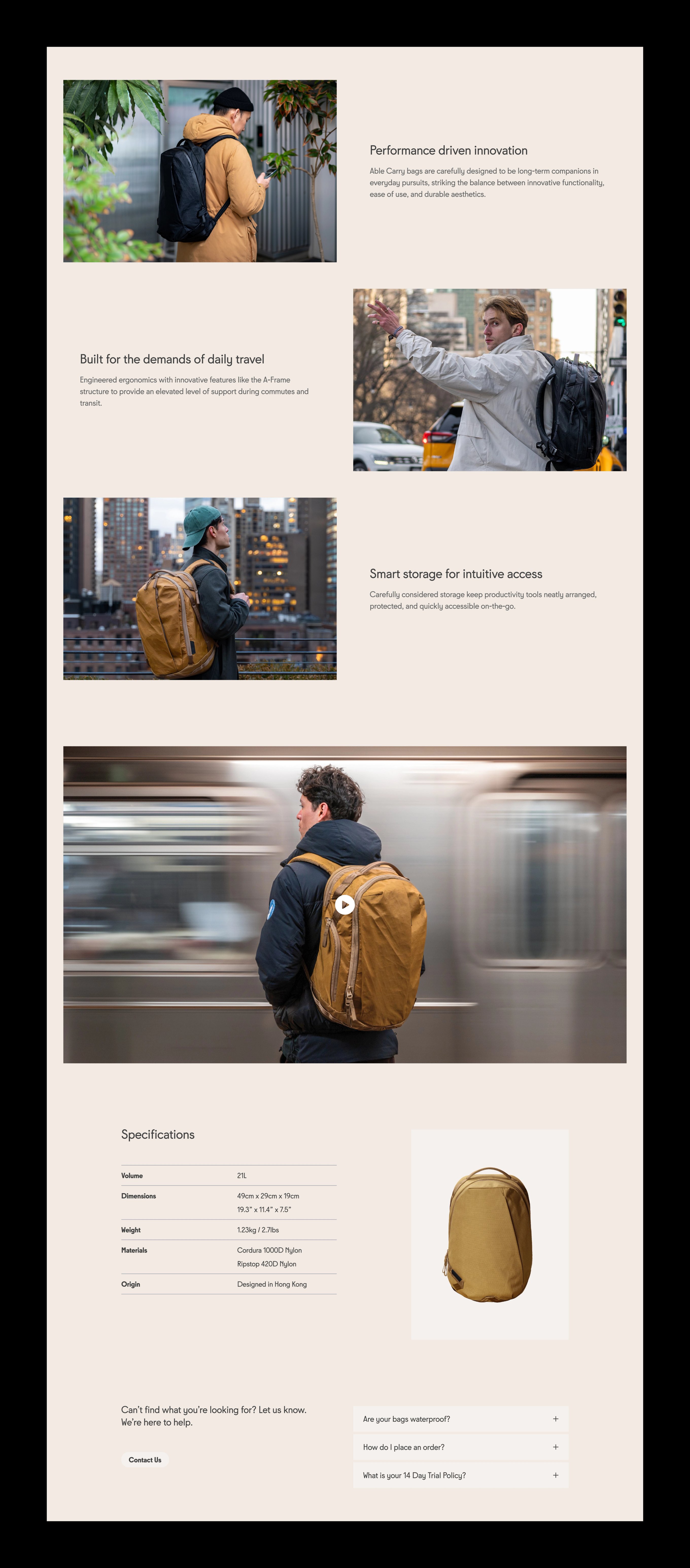 An image featuring Able Carry's product detail page design, feature images, videos, and a list of specifications.