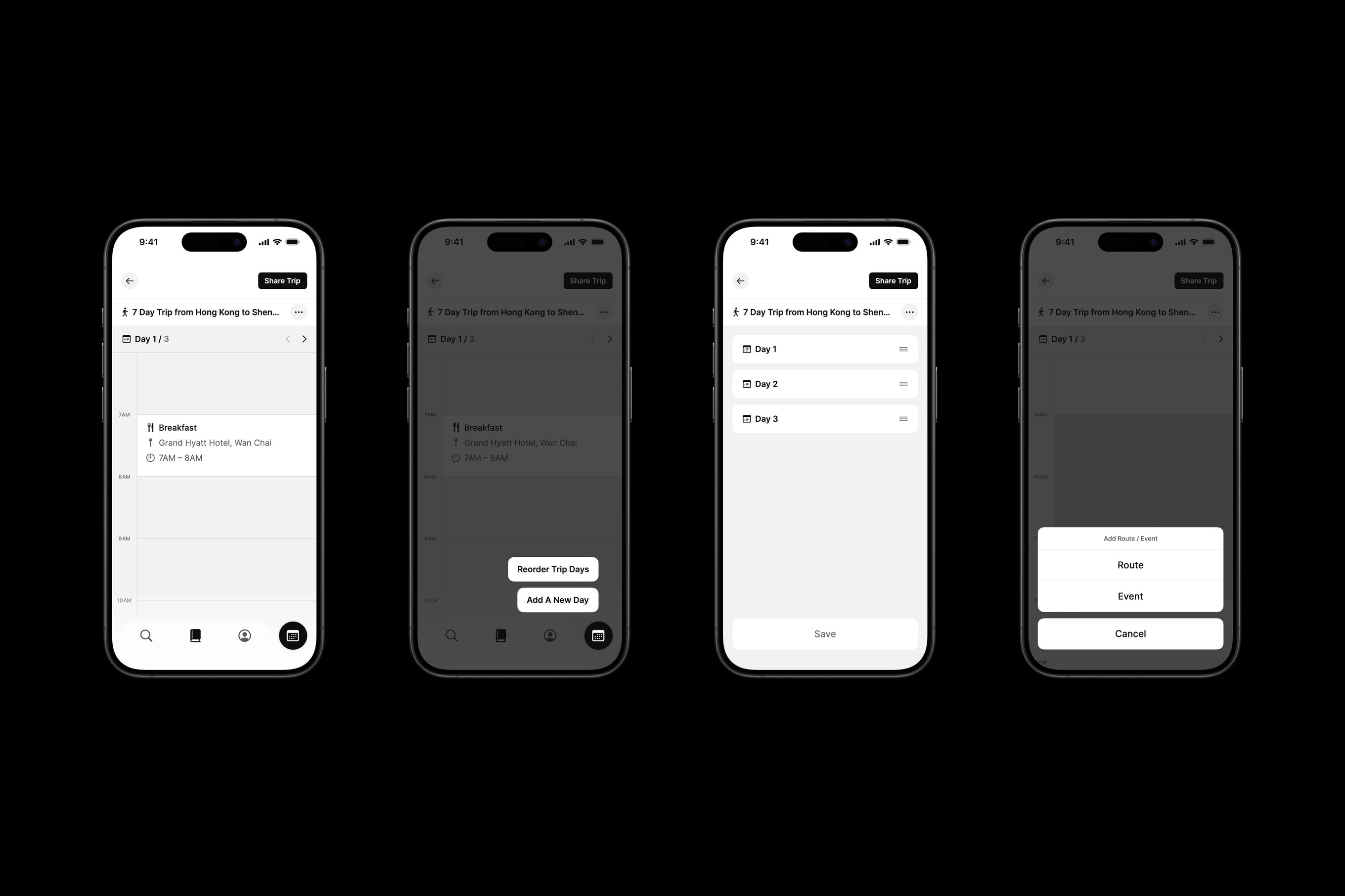 Four iPhone mock ups featuring Many Road's app design.