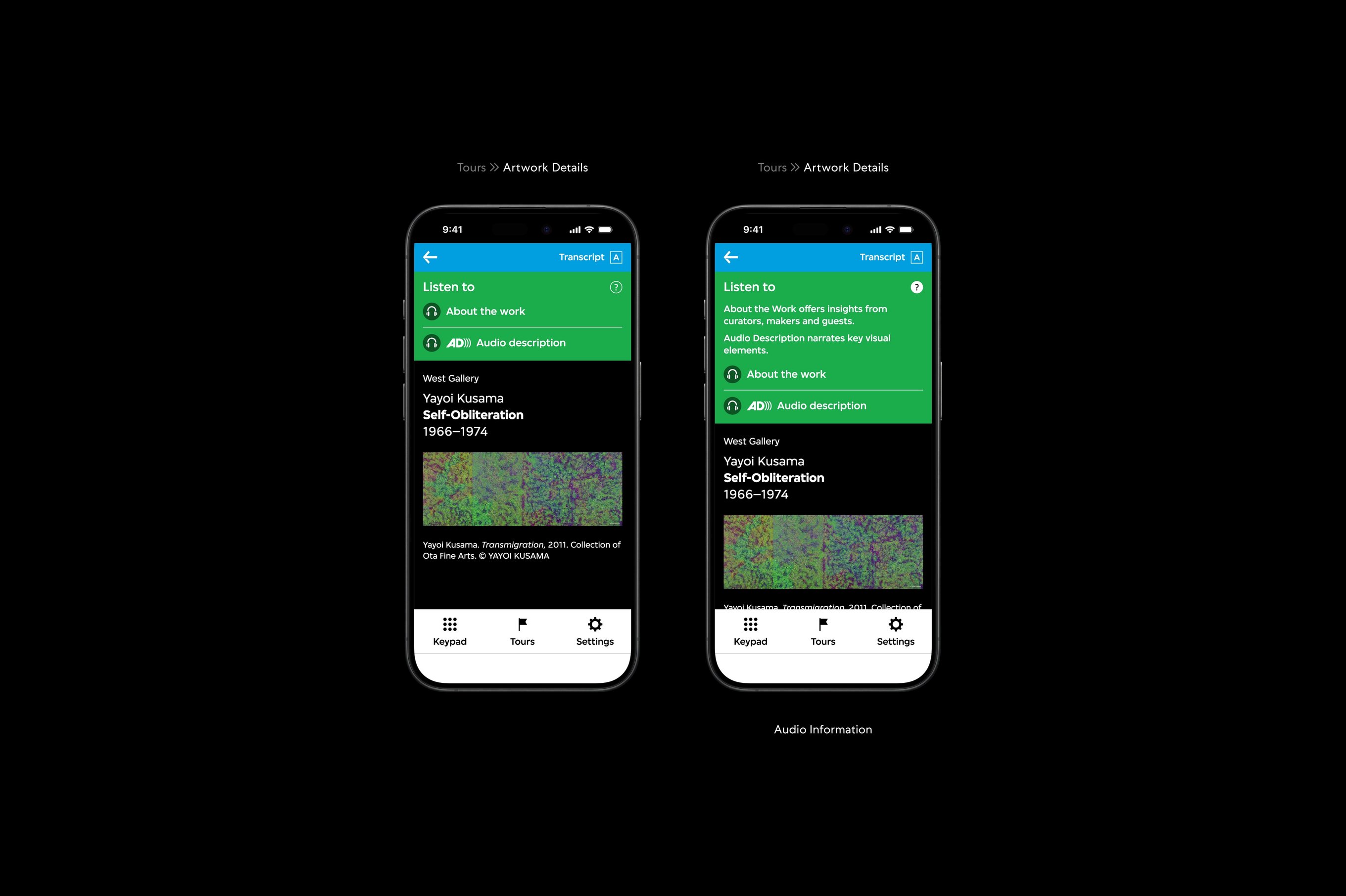 There are two audio guide interfaces. The first interface features a container for the about the work and audio description audio track options, and the second interface features a description of those options.