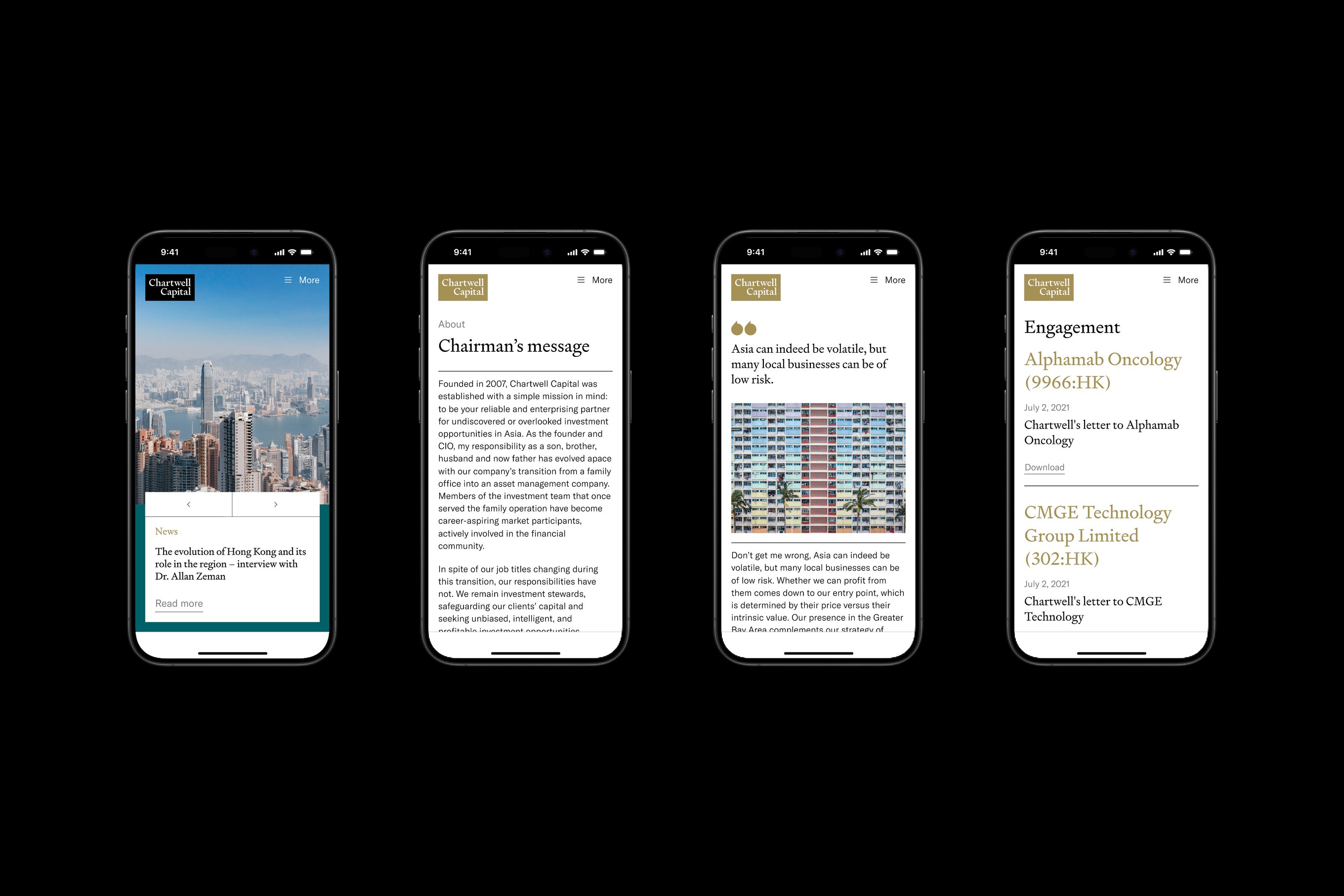 Four interfaces of the homepage, Chairman's message, About us, and Engagement from Chartwell Capital's website.