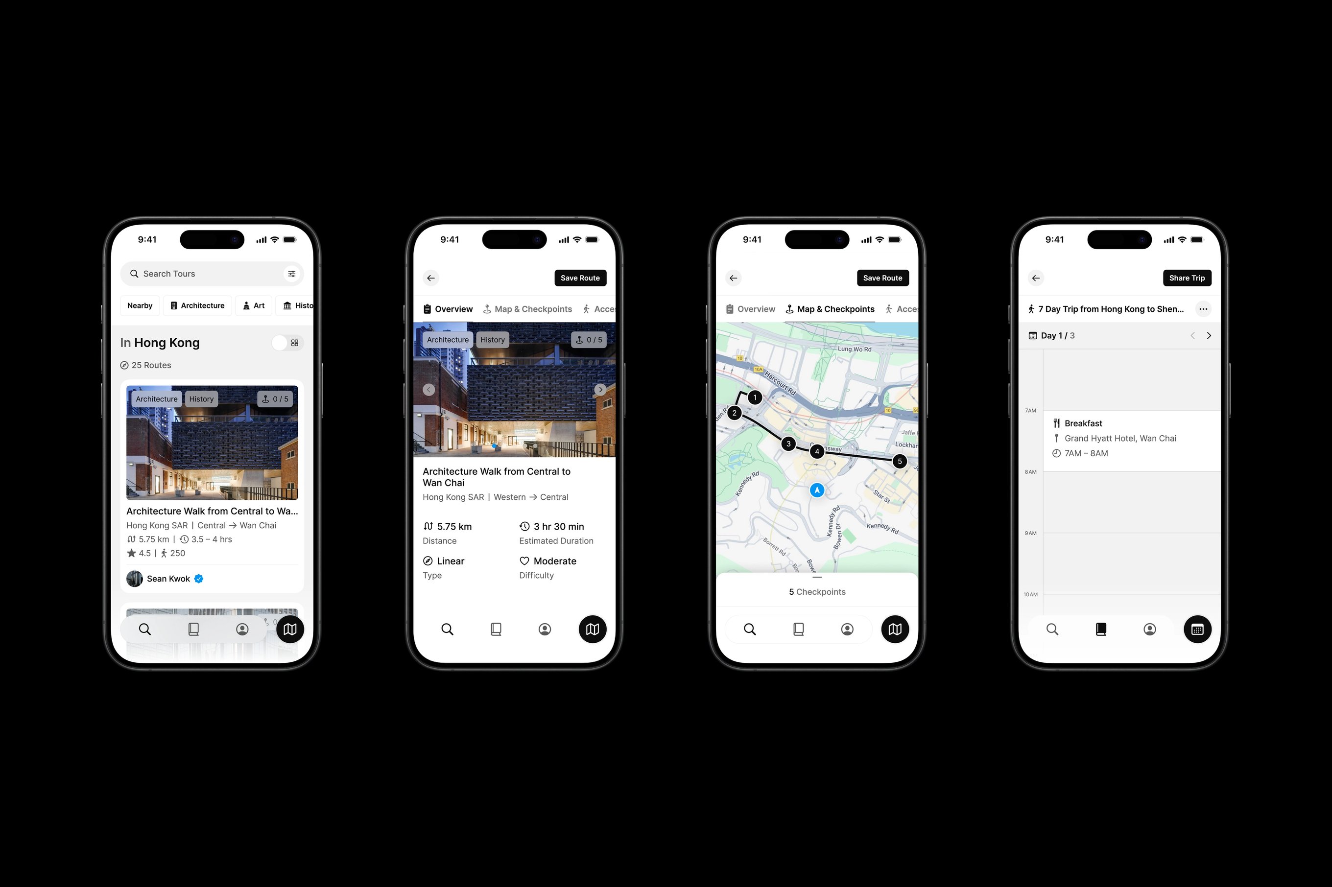 Four iPhone mock ups featuring Many Road's app design.