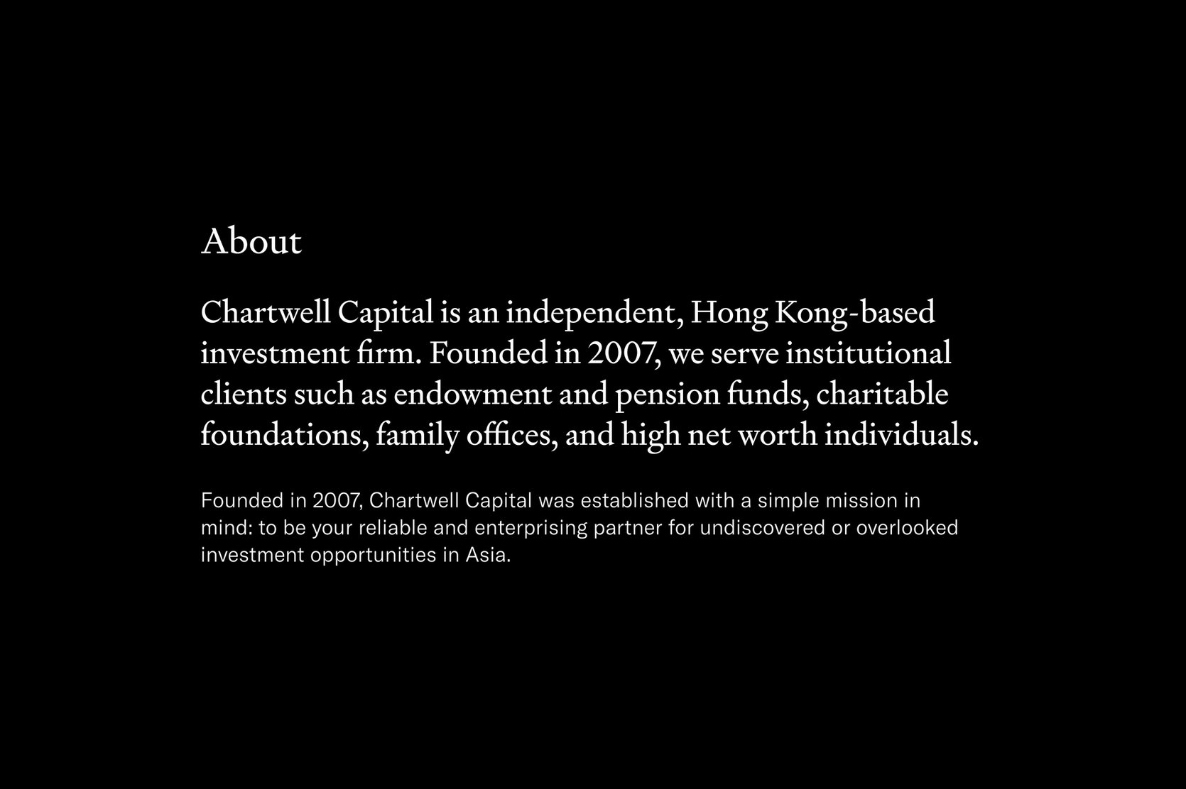 A demonstration of Chartwell Capital's information hierarchy with a heading, title, and body text.