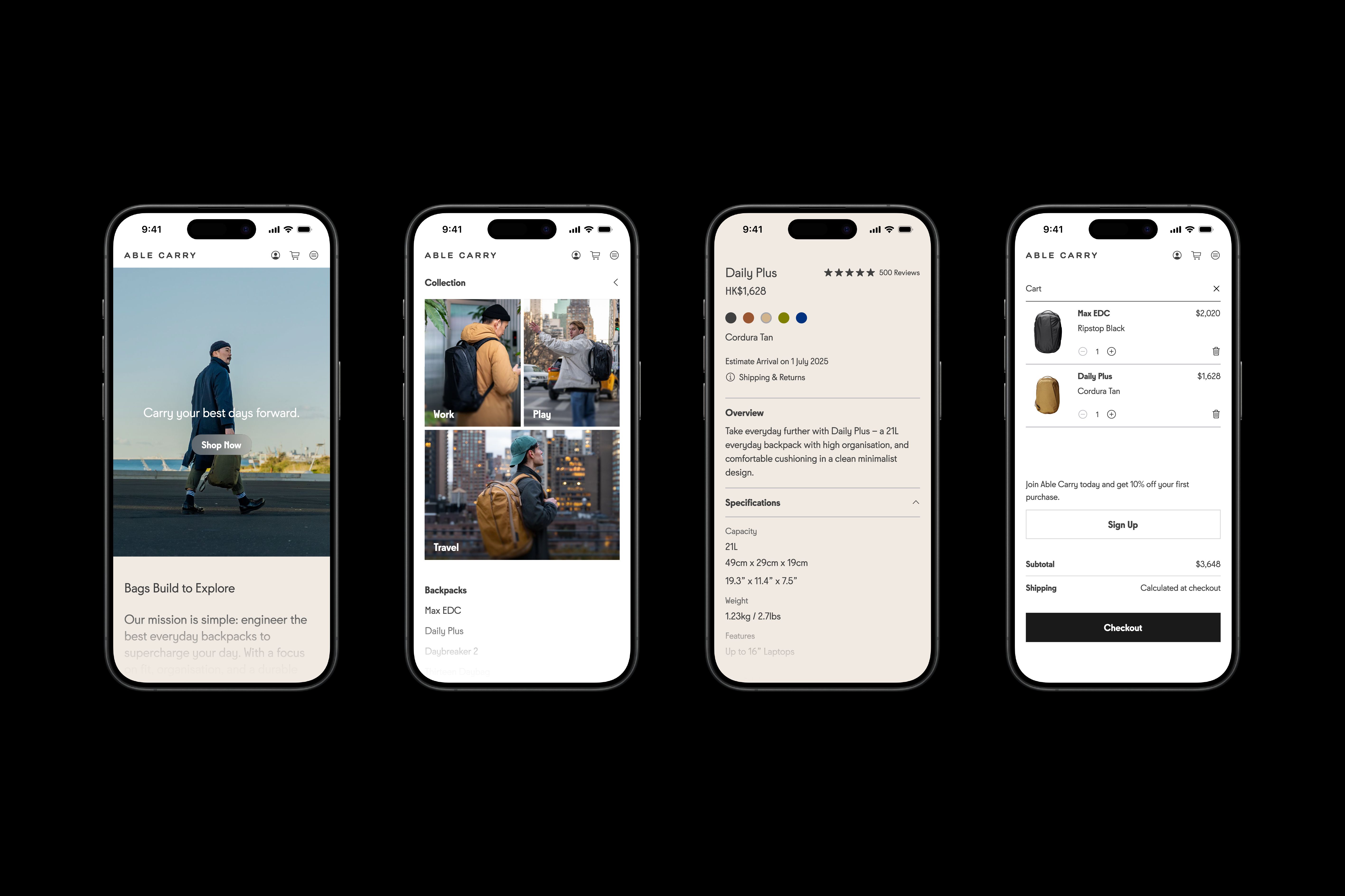 Four iPhones featuring the Able Carry's website design.