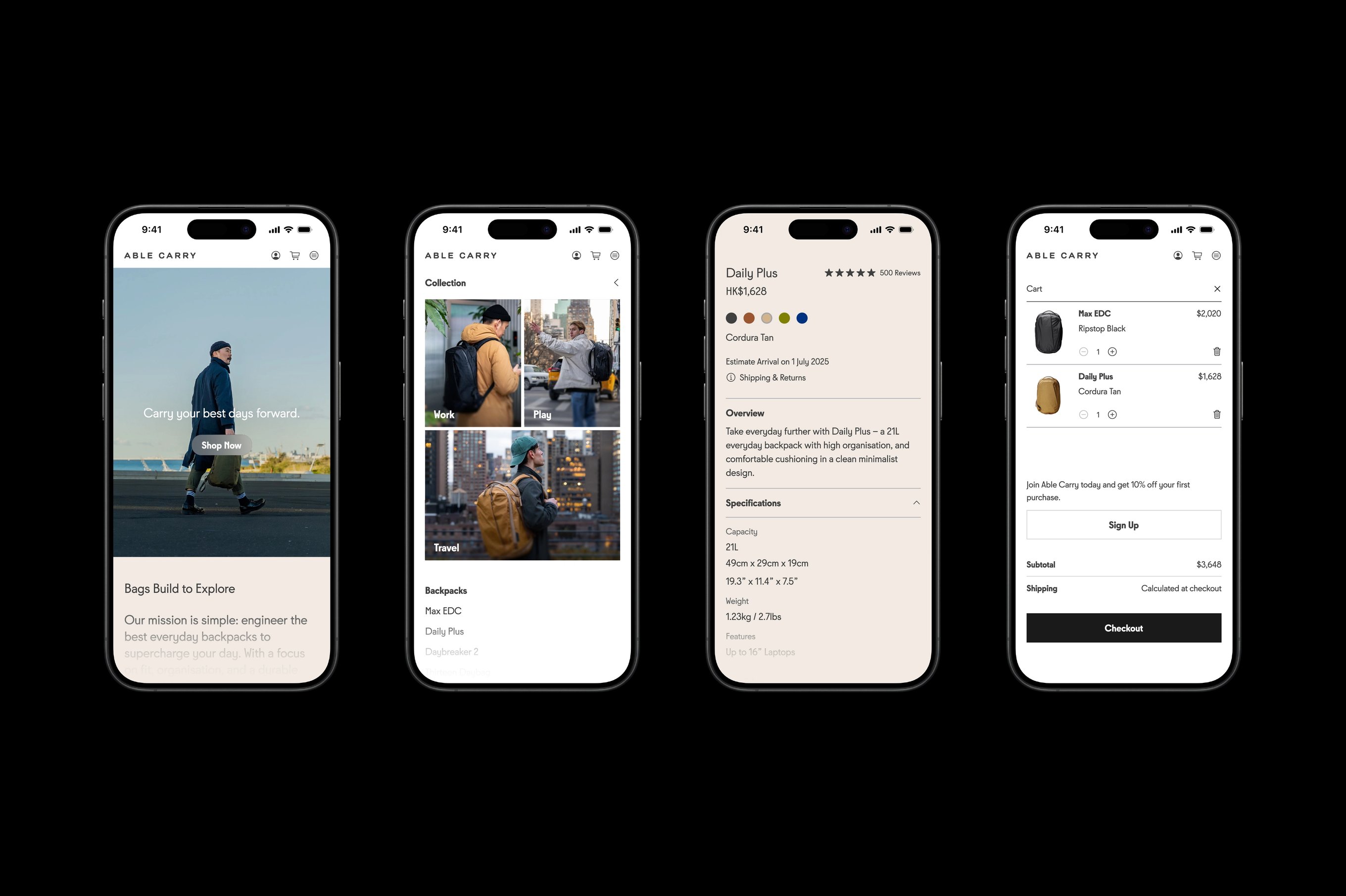 Four iPhones featuring the Able Carry's website design.