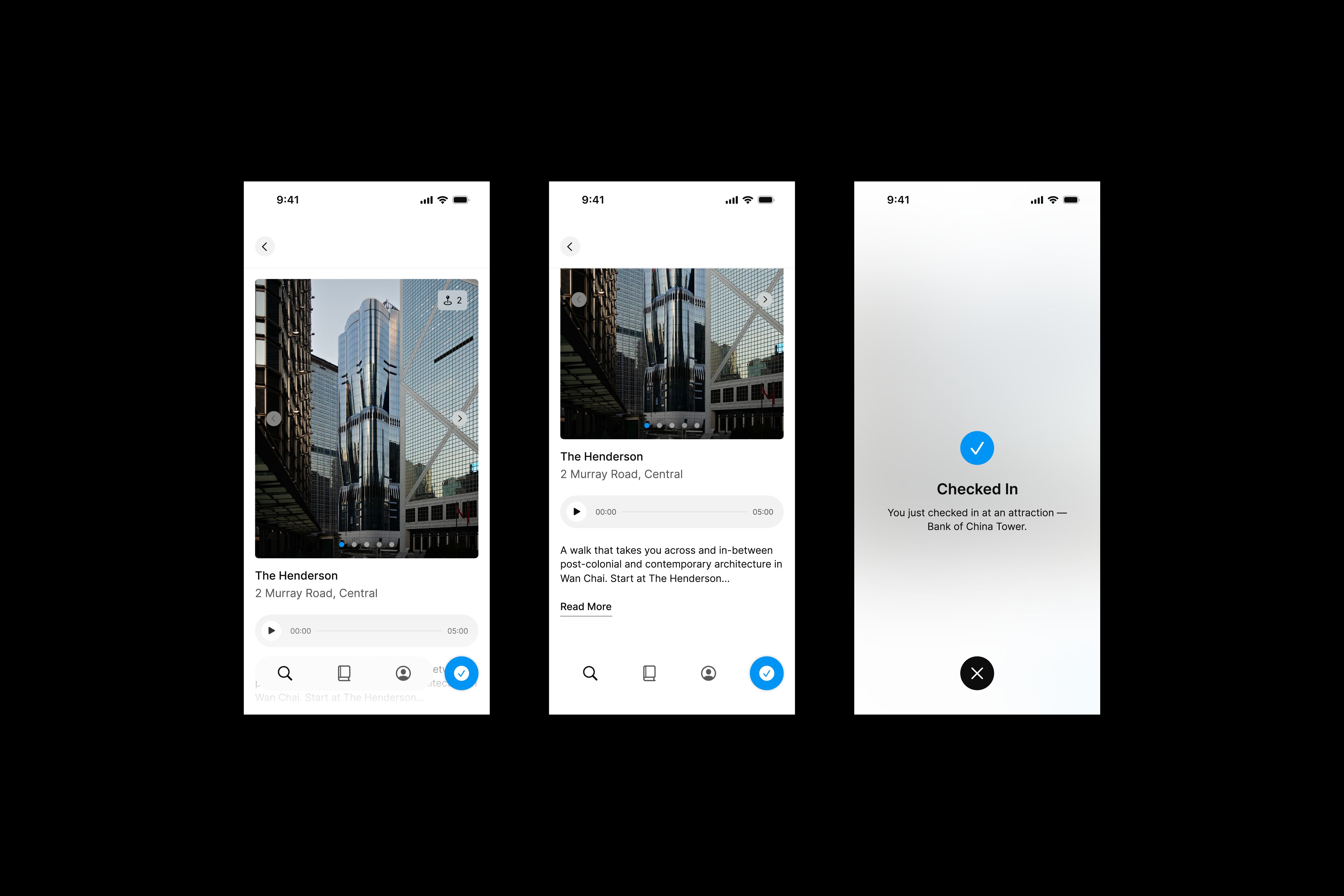 Three designs featuring the Many Road app's route checkpoint and route check in page.