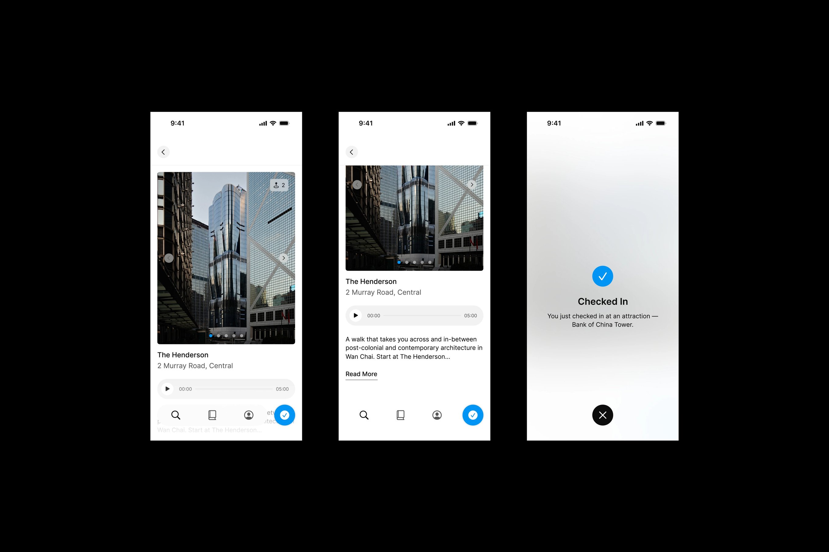 Three designs featuring the Many Road app's route checkpoint and route check in page.