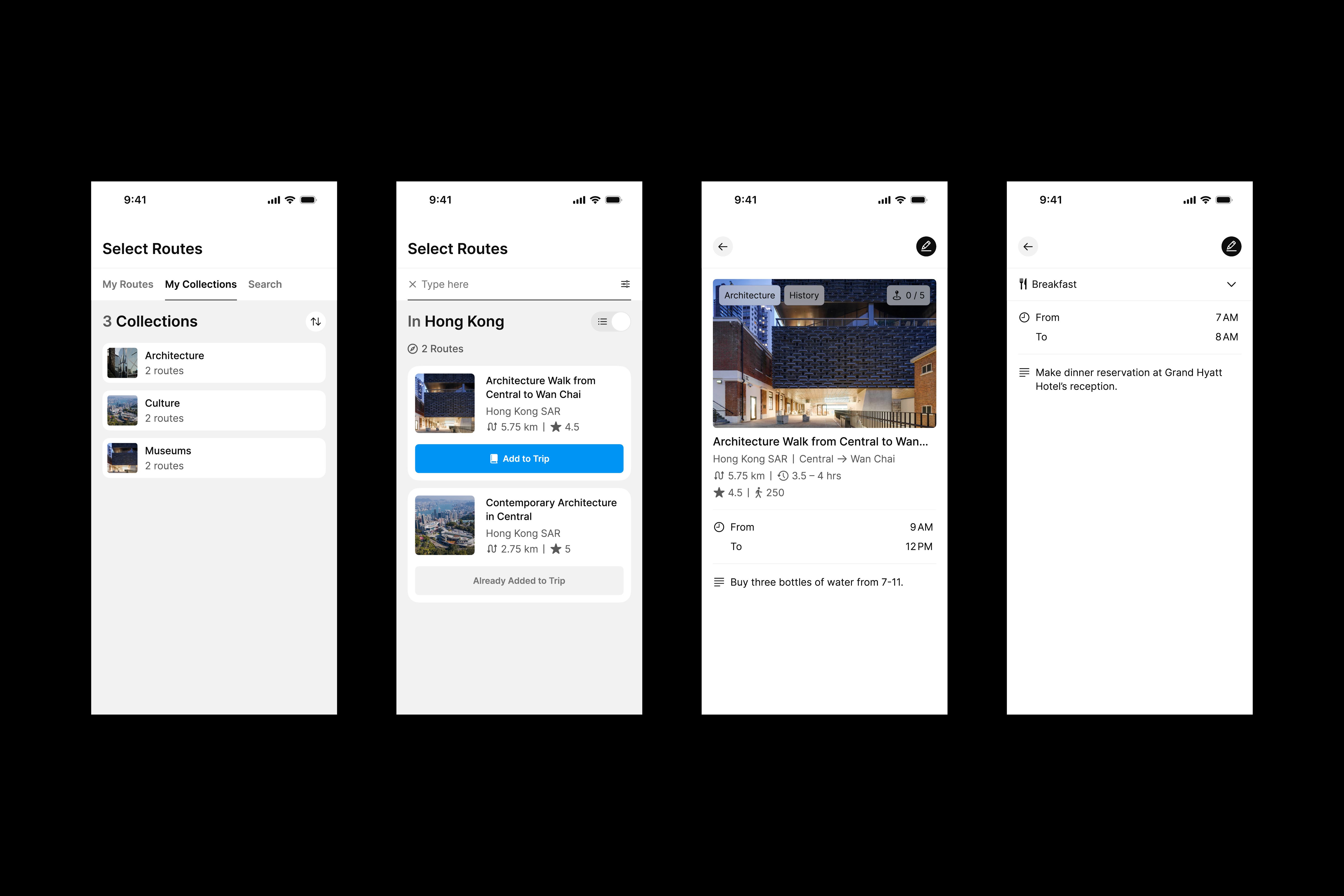 Four designs featuring the Many Road app's route selection sequence under the planner section.