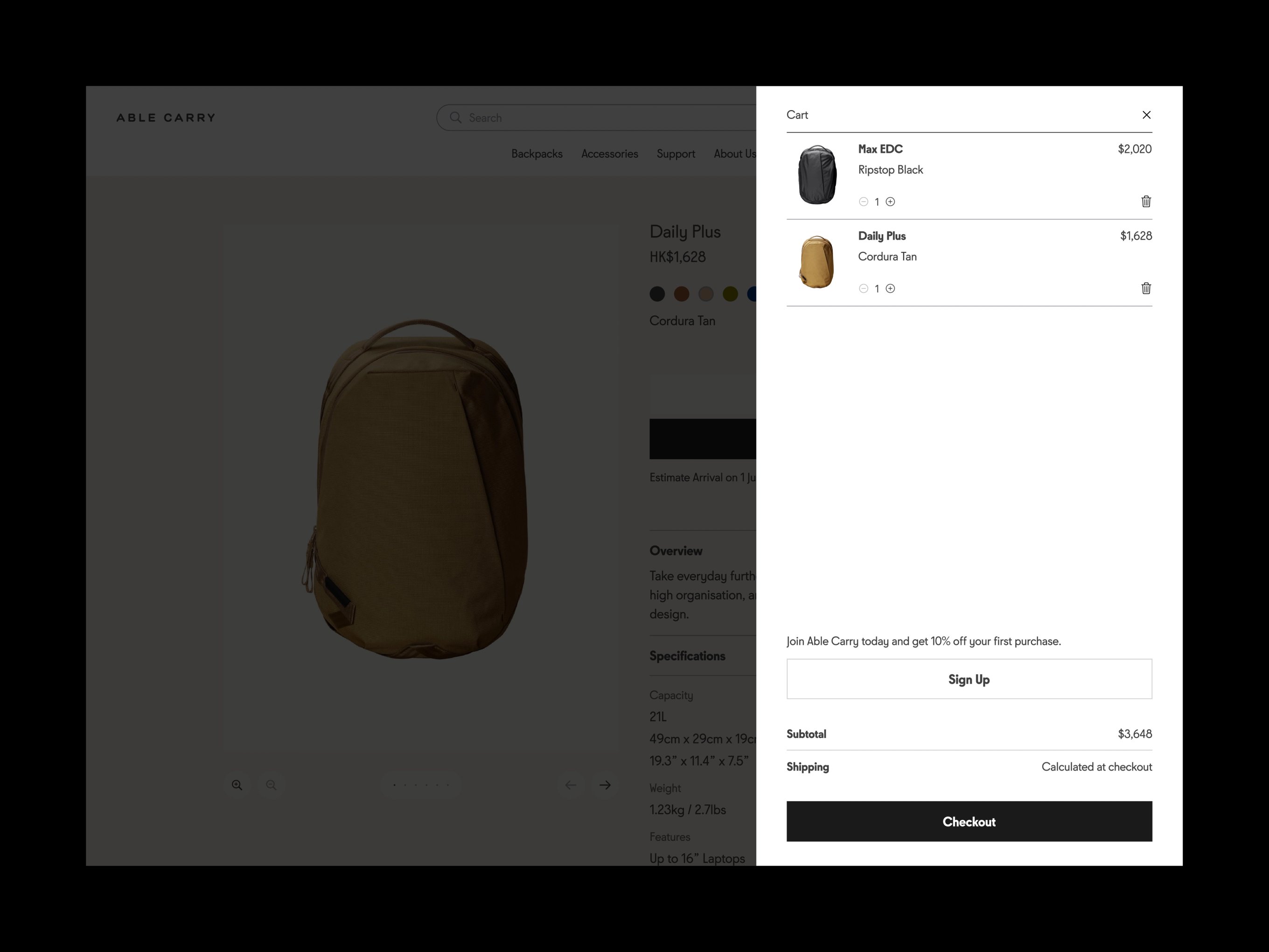 An image featuring Able Carry's shopping cart page design.