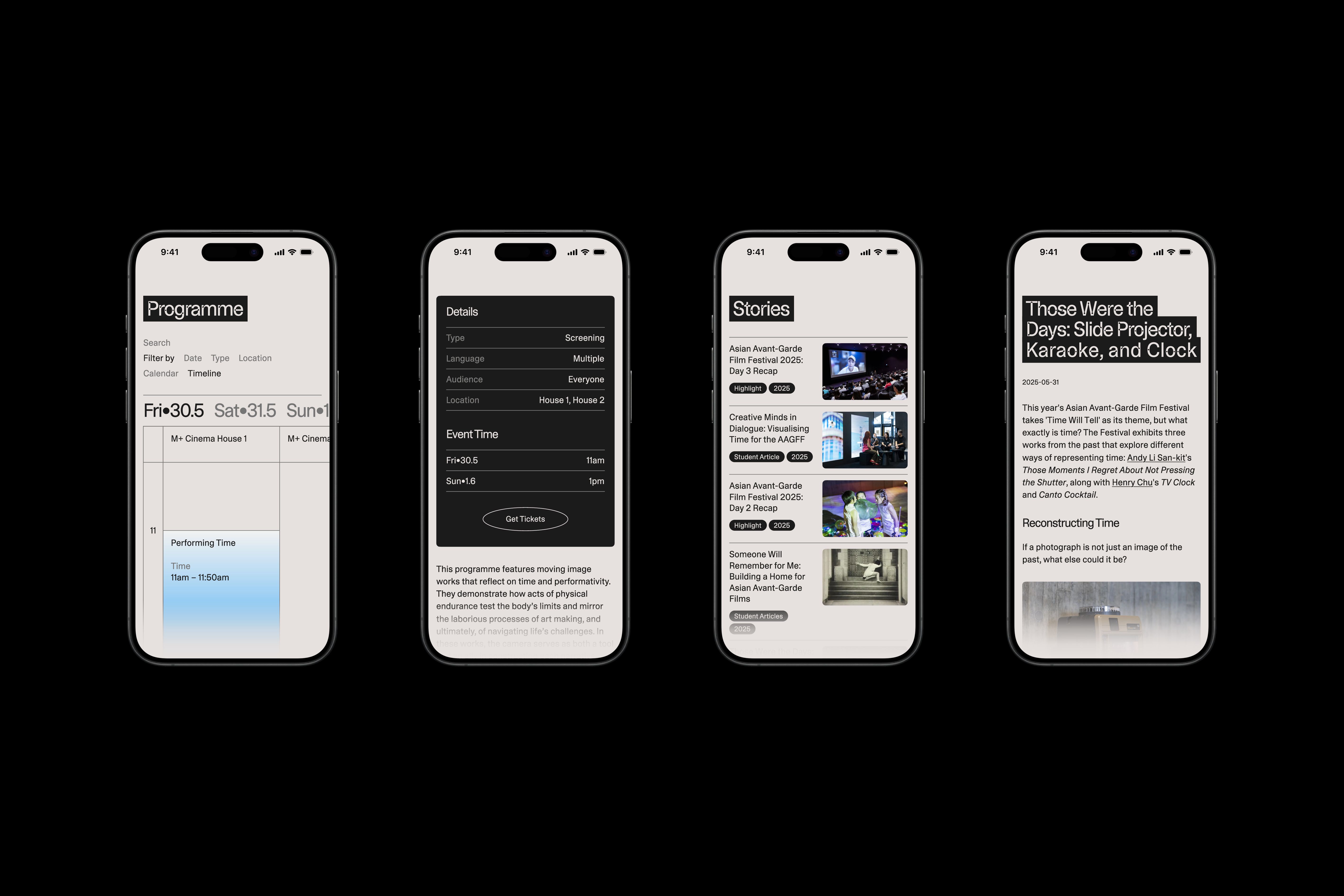 Four iPhones featuring the Asian Avant-Garde Film Festival's website design.