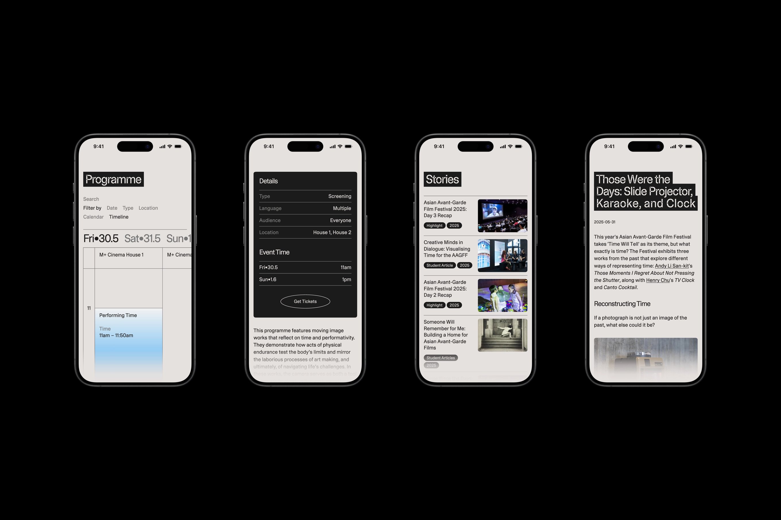Four iPhones featuring the Asian Avant-Garde Film Festival's website design.