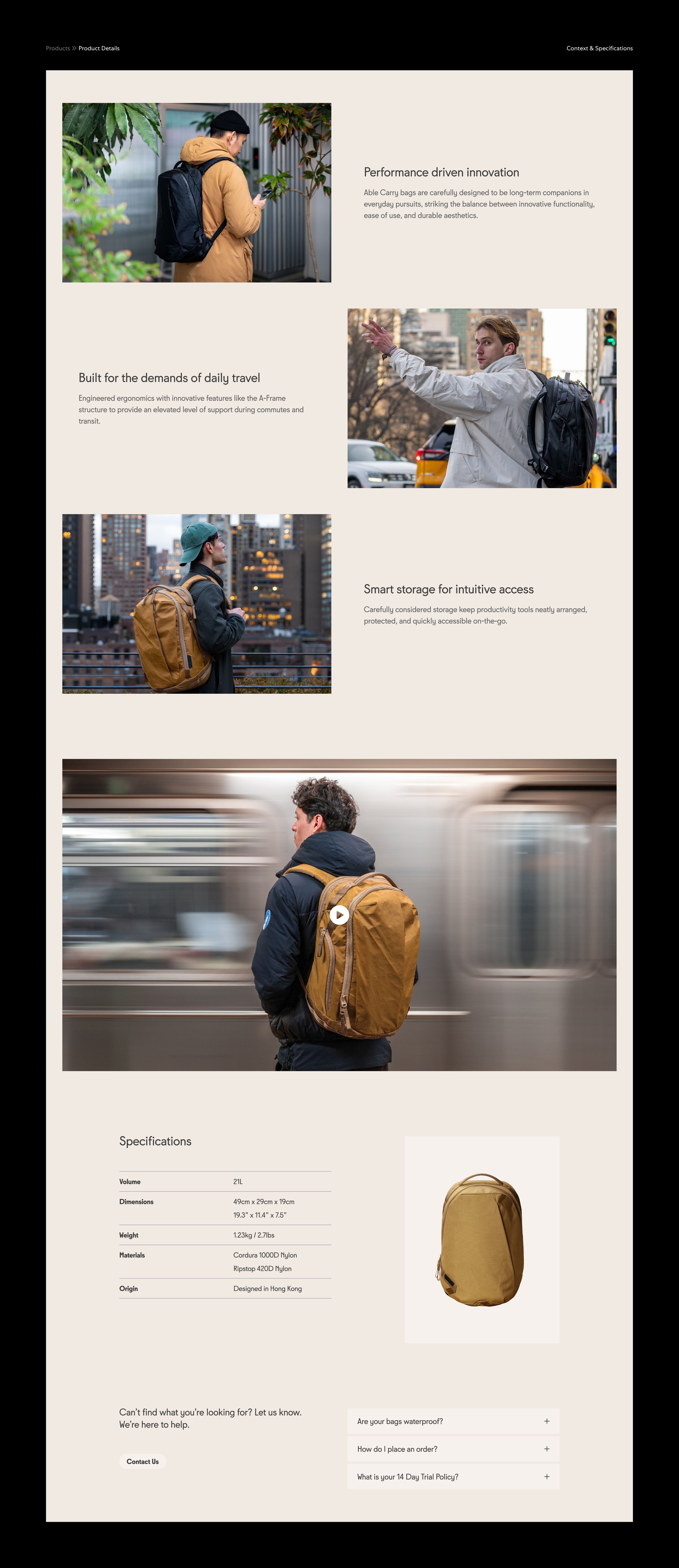 An image featuring Able Carry's product detail page design, feature images, videos, and a list of specifications.