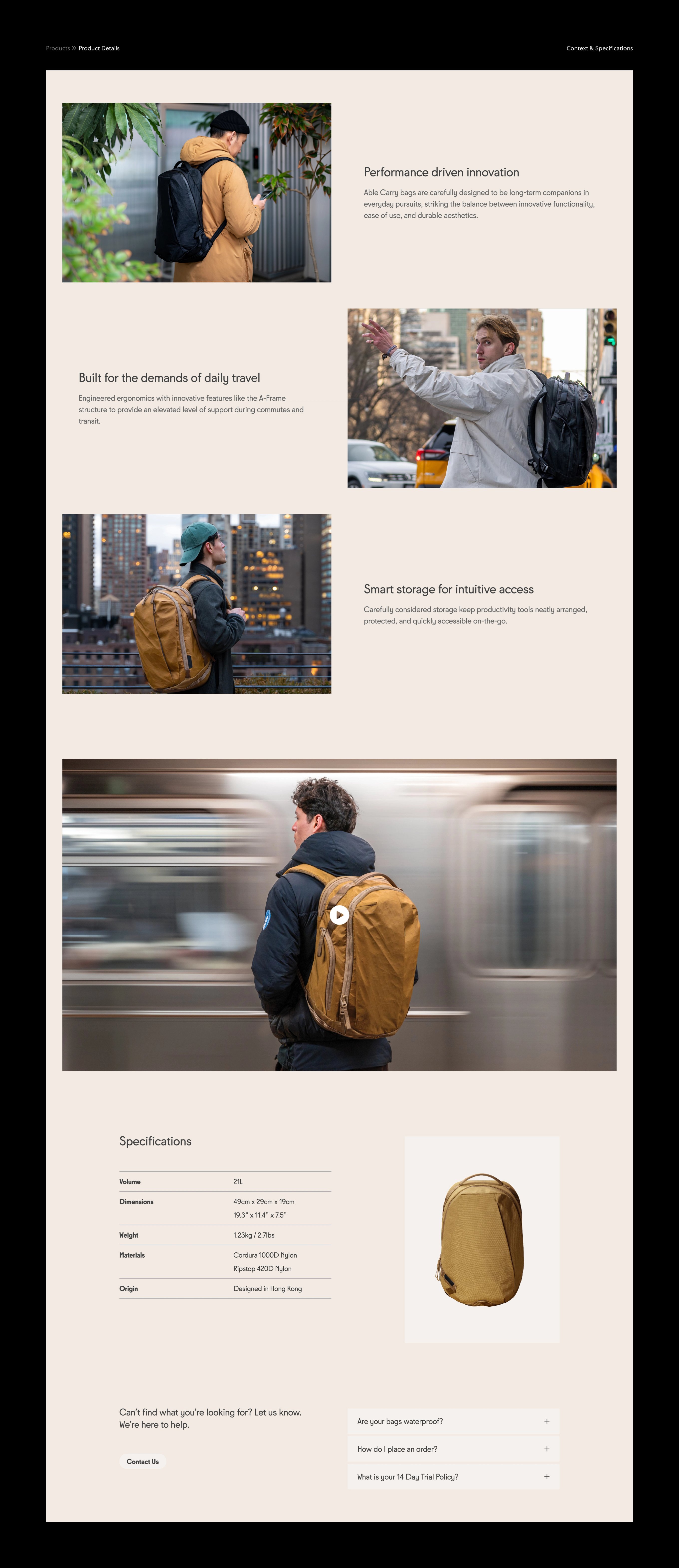 An image featuring Able Carry's product detail page design, feature images, videos, and a list of specifications.