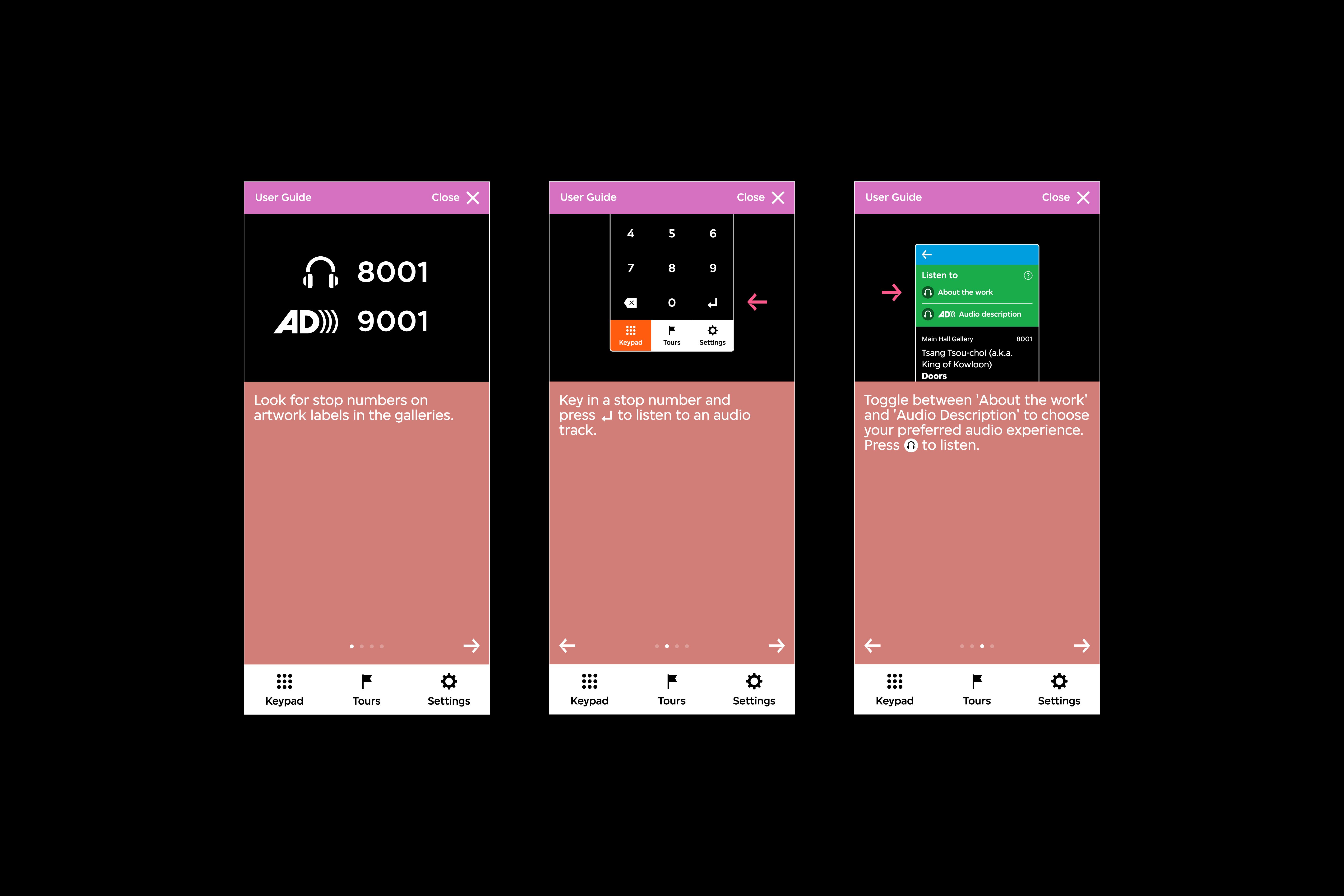 There are three audio guide interfaces. Each interface features an illustration that instructs a user of the audio guide's function, such as audio stop numbers, the keypad, and the ability to toggle between two audio tracks. 