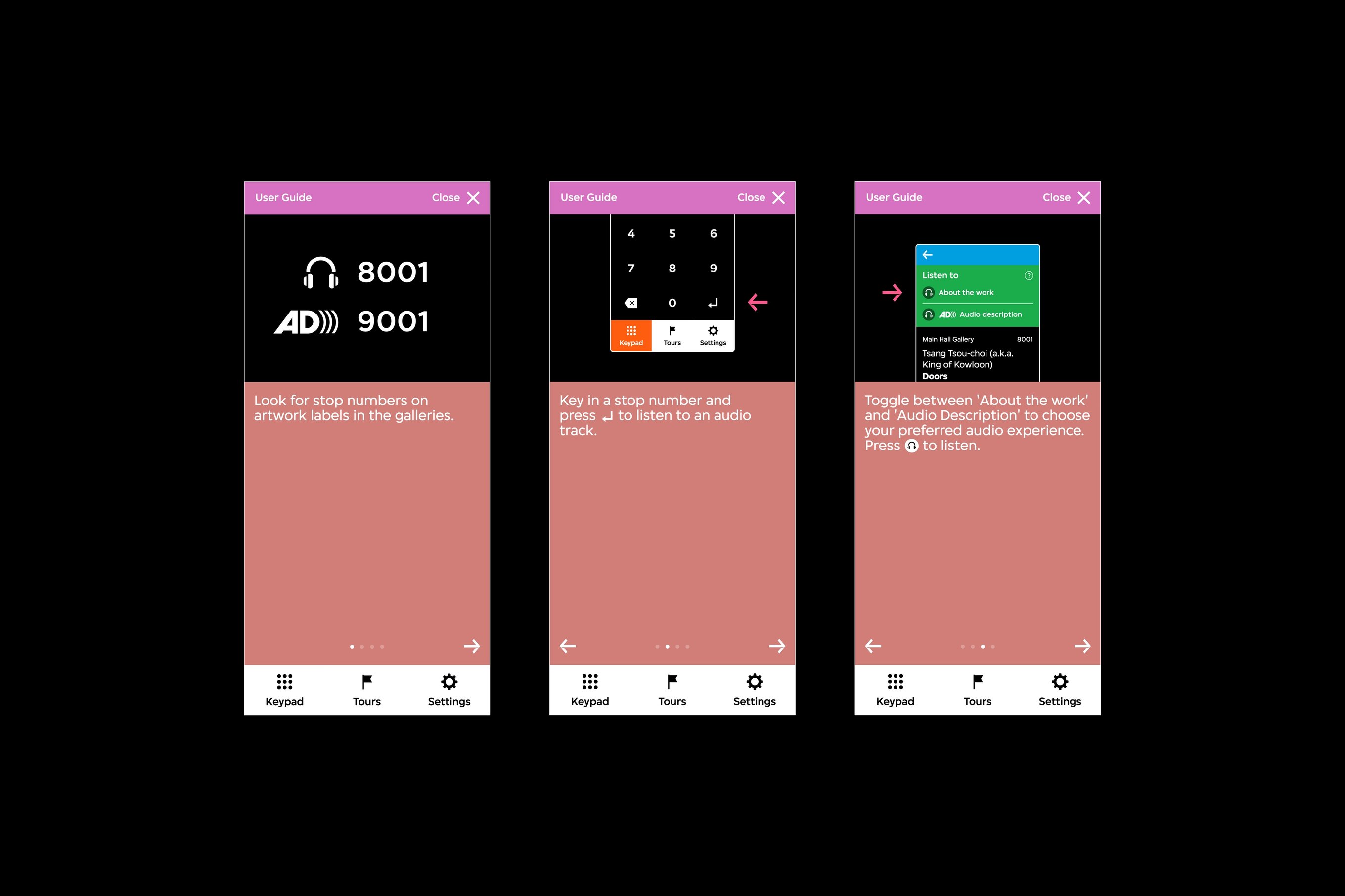 There are three audio guide interfaces. Each interface features an illustration that instructs a user of the audio guide's function, such as audio stop numbers, the keypad, and the ability to toggle between two audio tracks.