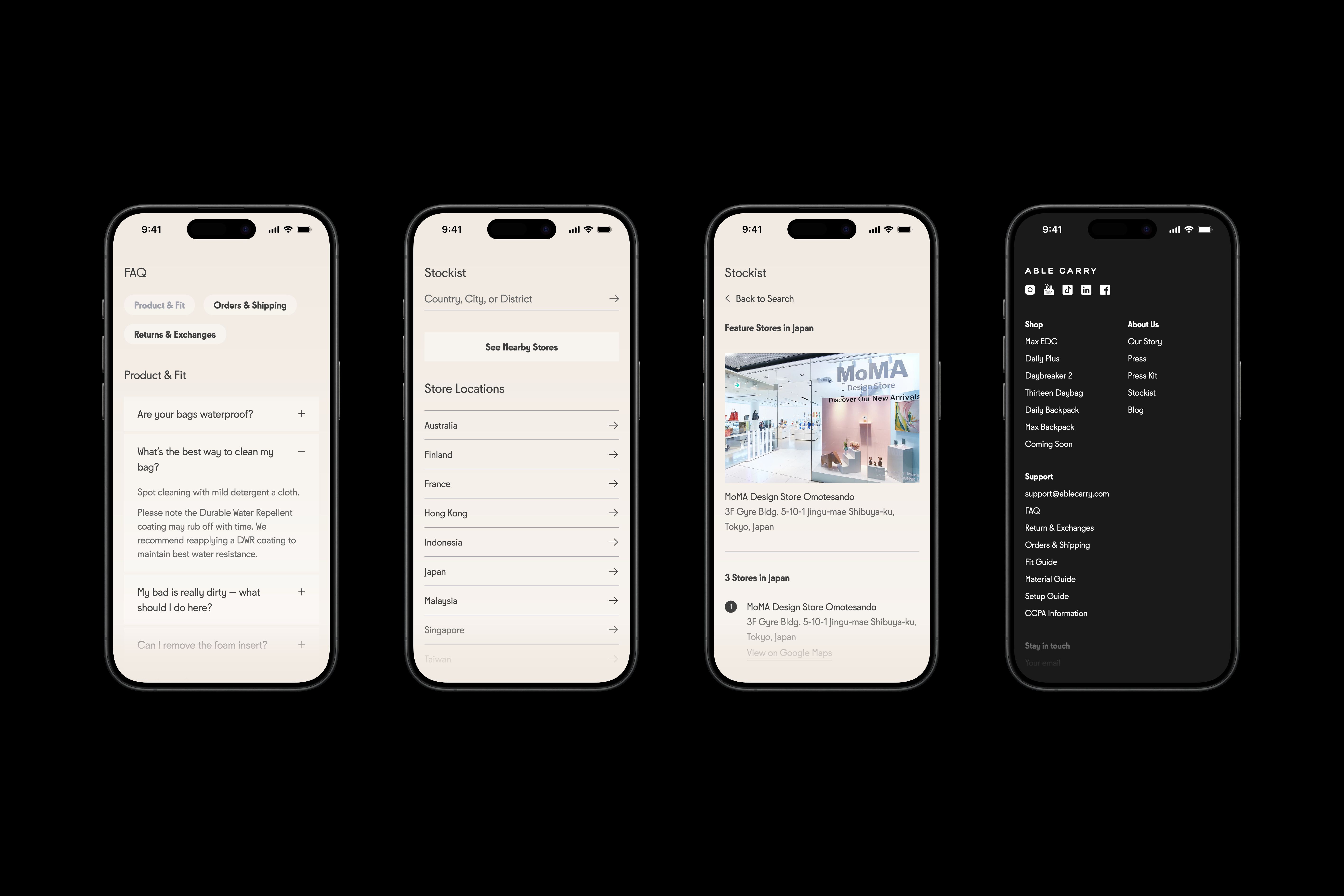 Four iPhones featuring the Able Carry's website design.