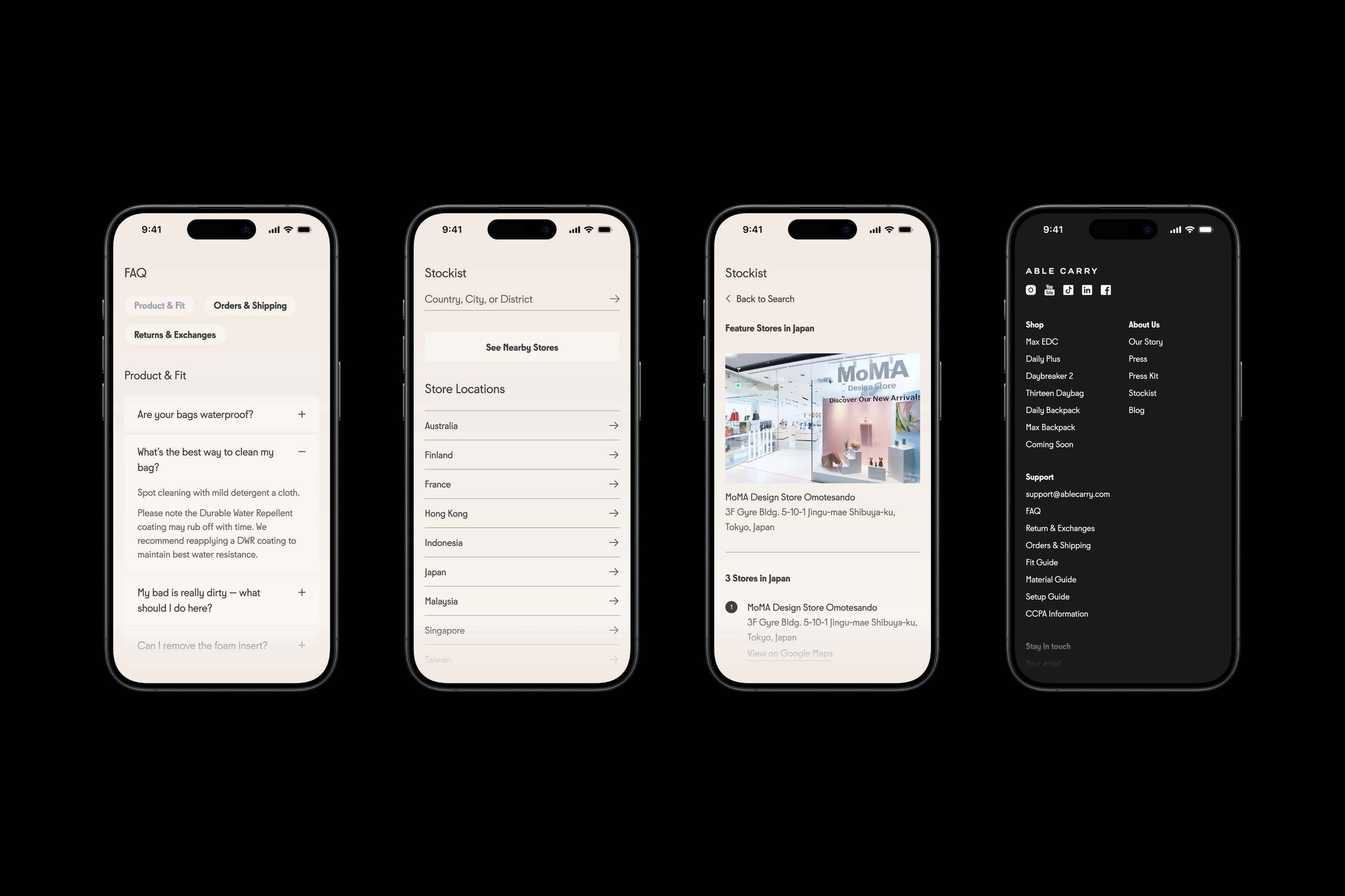 Four iPhones featuring the Able Carry's website design.
