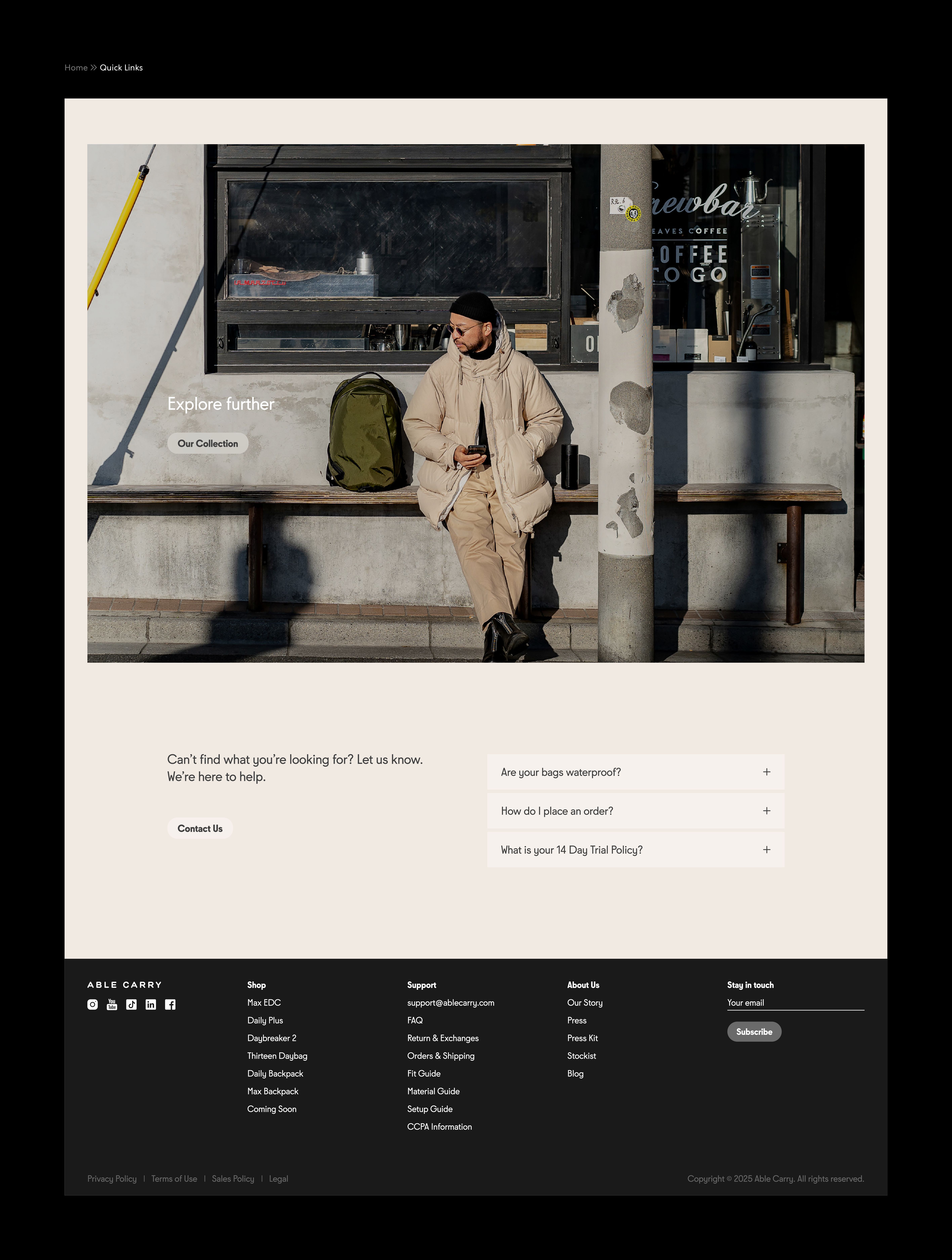 An image featuring Able Carry's homepage customer support section design.