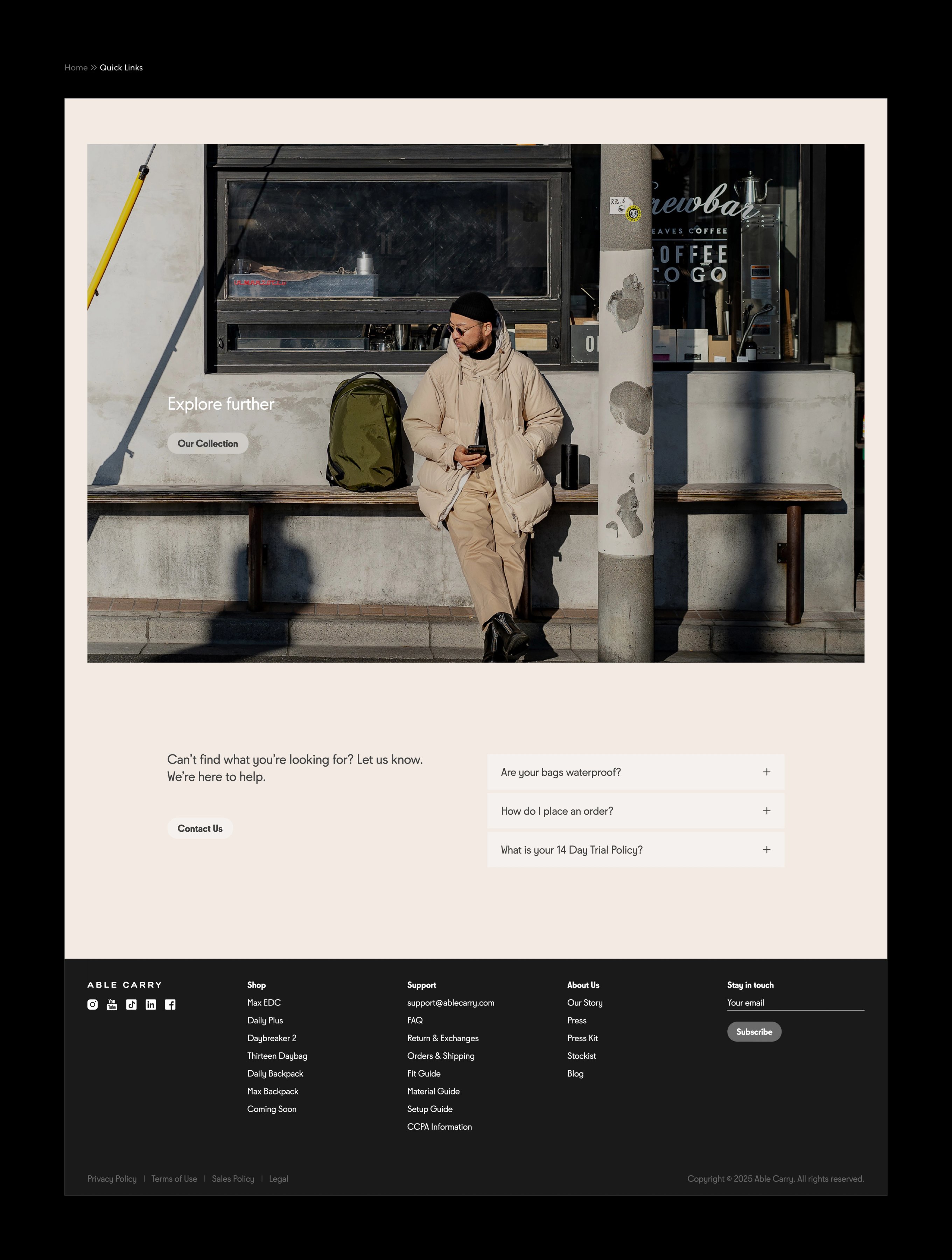 An image featuring Able Carry's homepage customer support section design.
