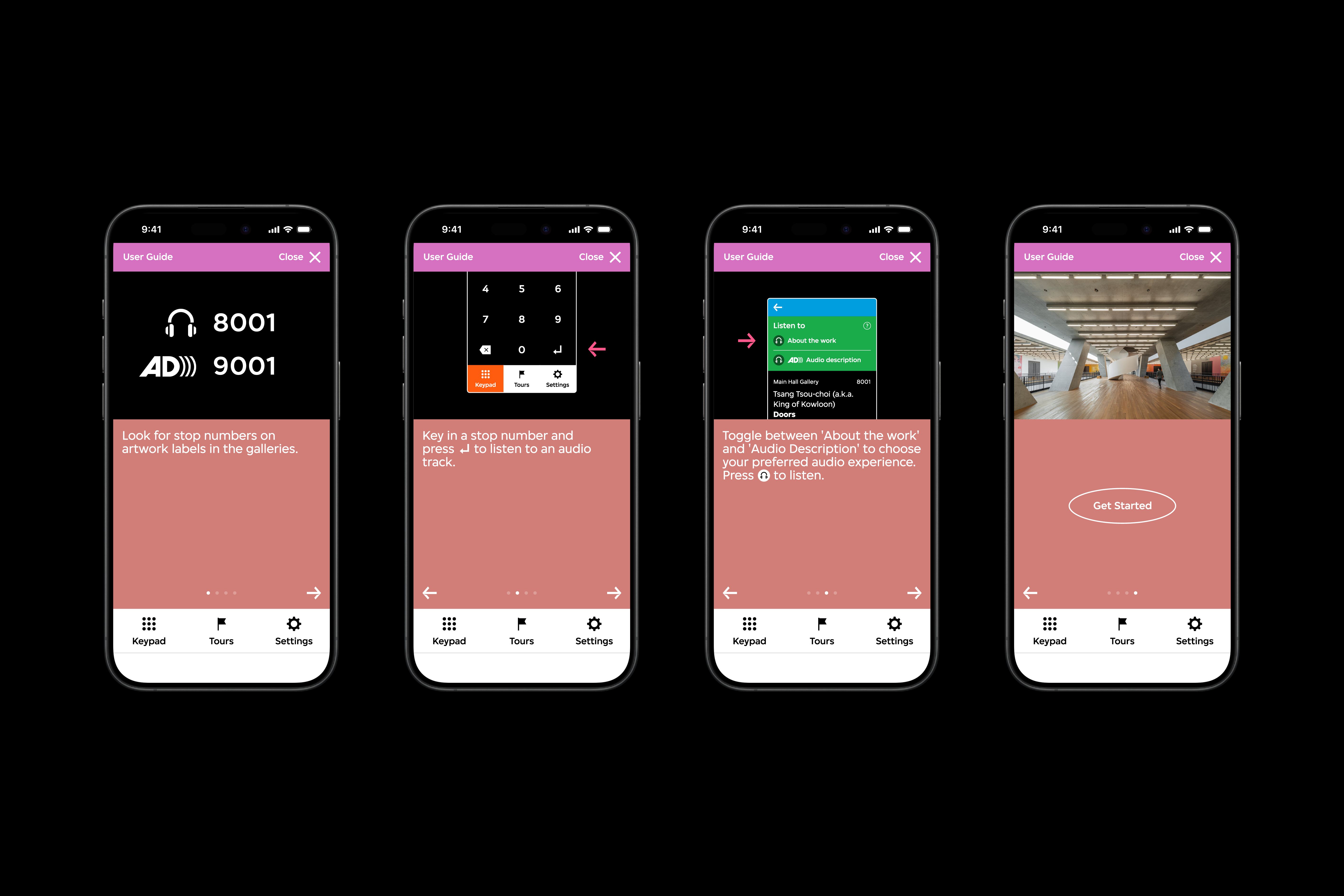 An overview of the M+ audio guide interface.