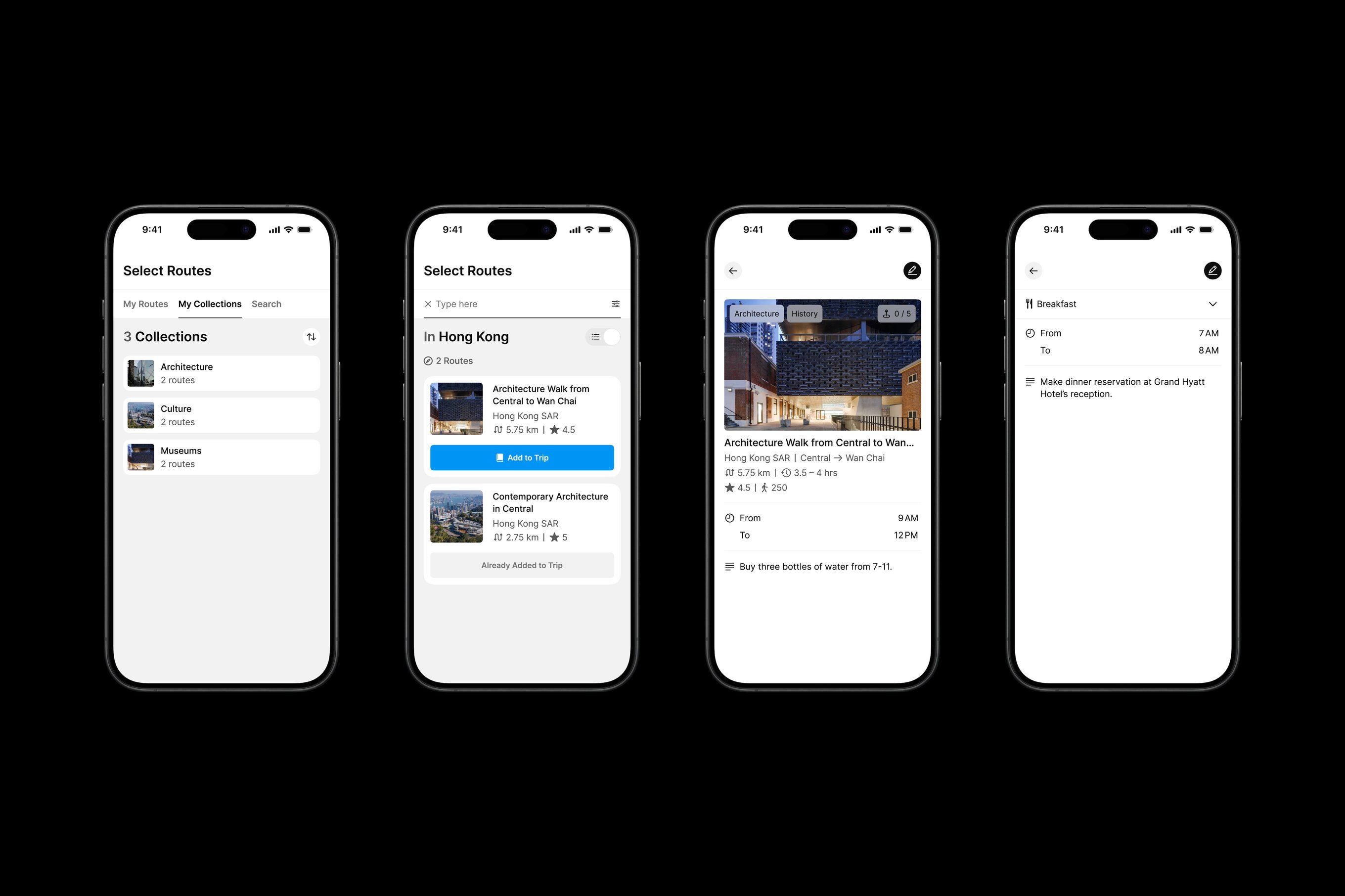 Four iPhone mock ups featuring Many Road's app design.