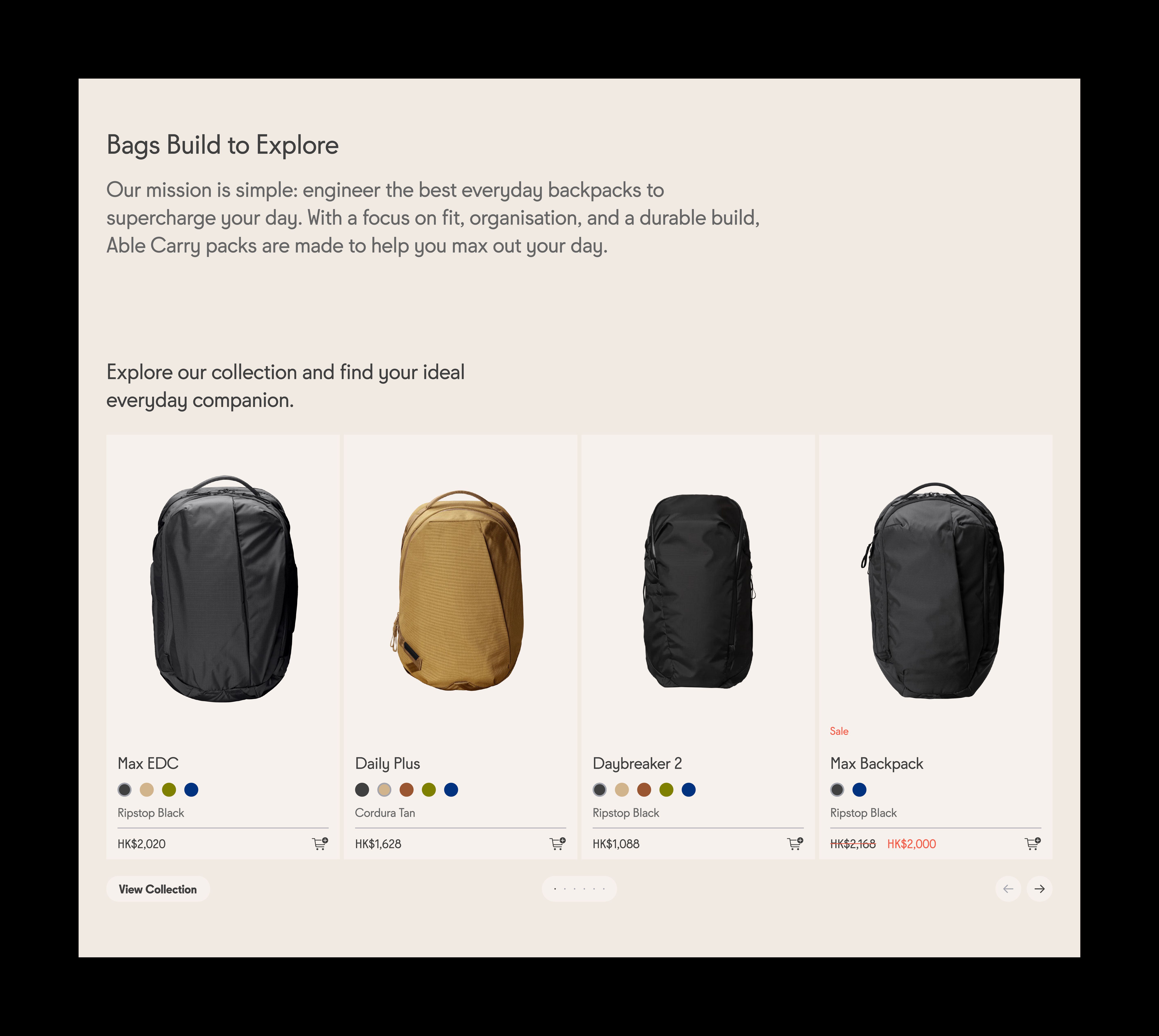 An image featuring Able Carry's homepage product section design.