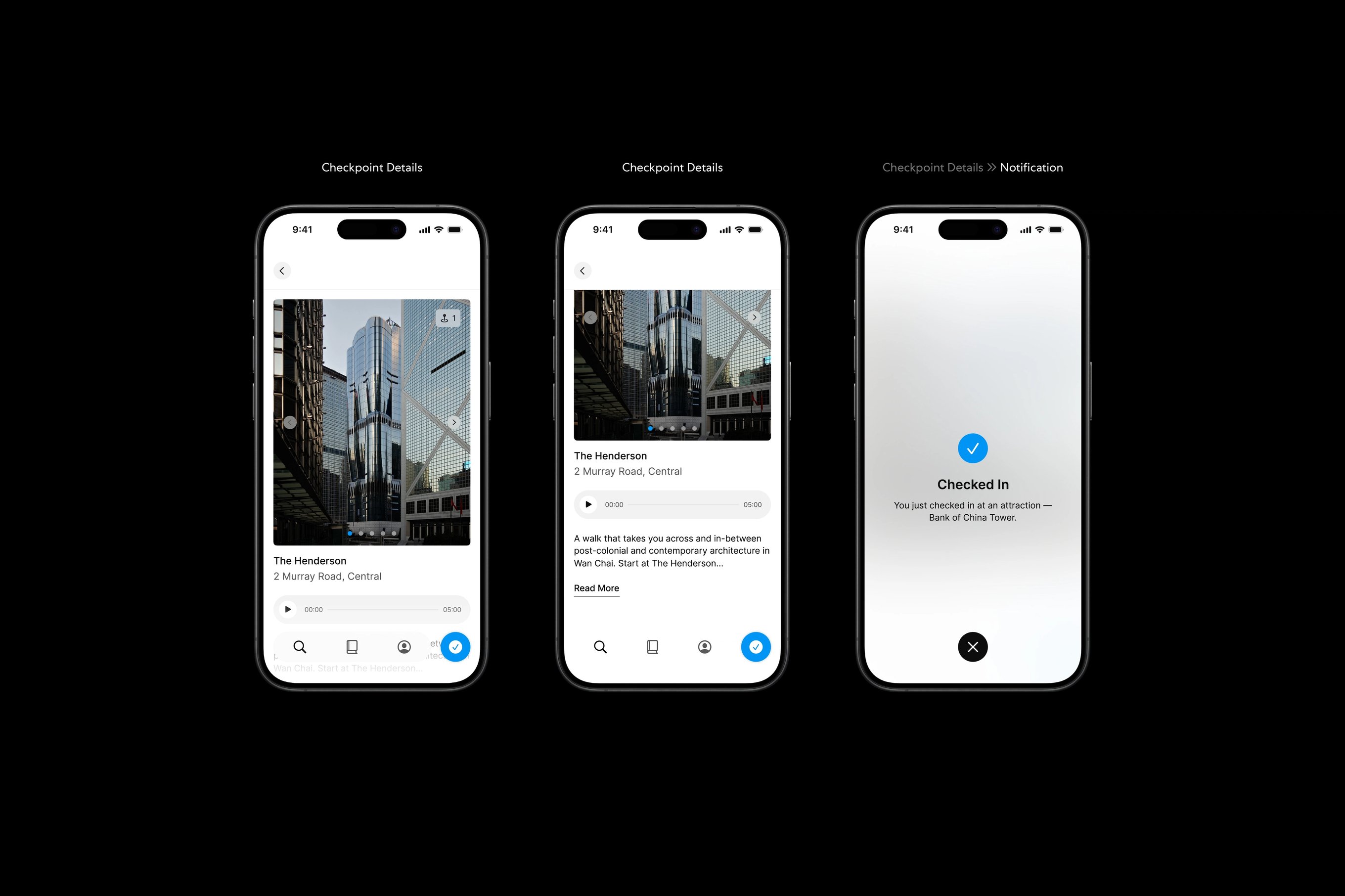 Three designs featuring the Many Road app's route checkpoint and route check in page.