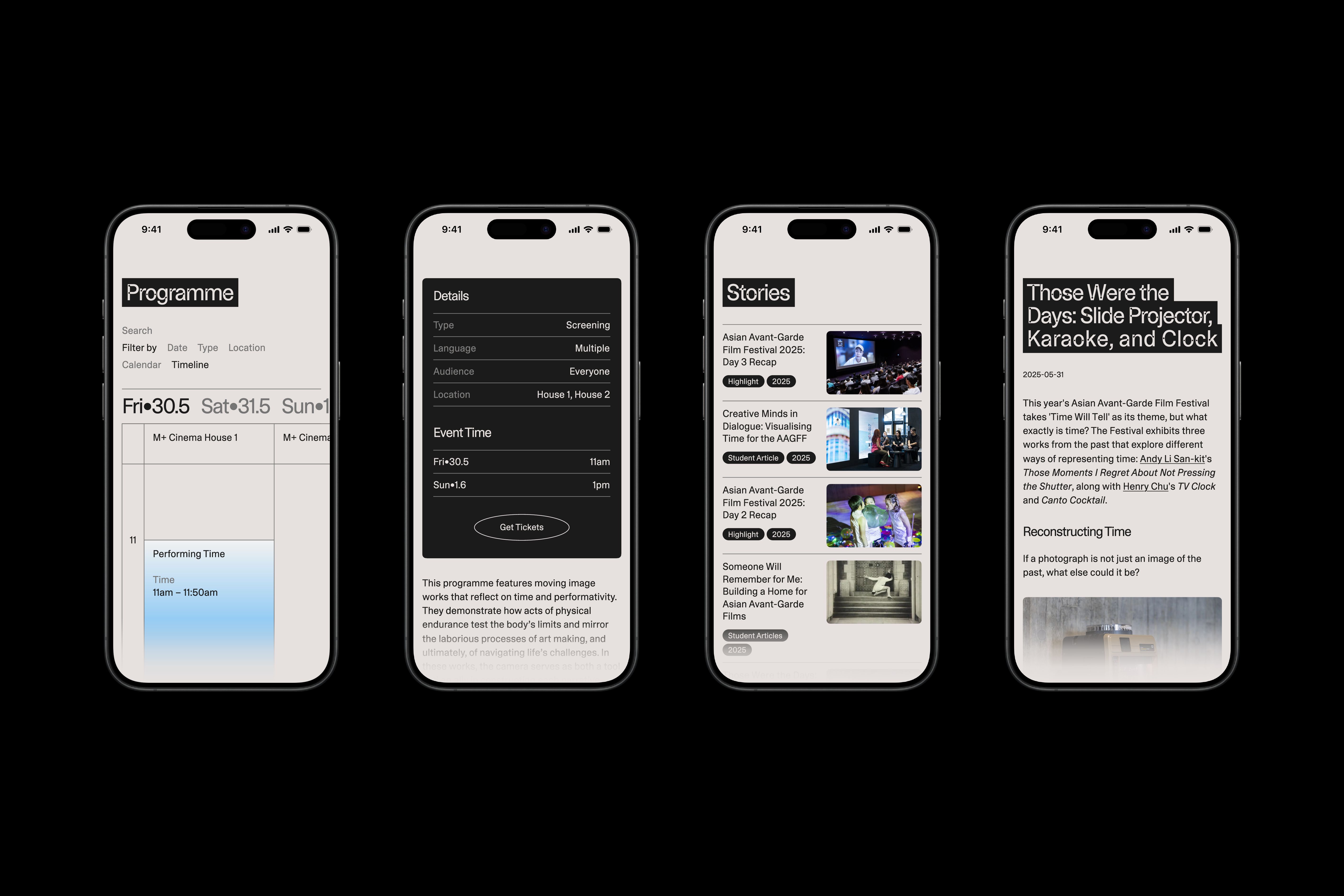 Four iPhones featuring the Asian Avant-Garde Film Festival's website design.