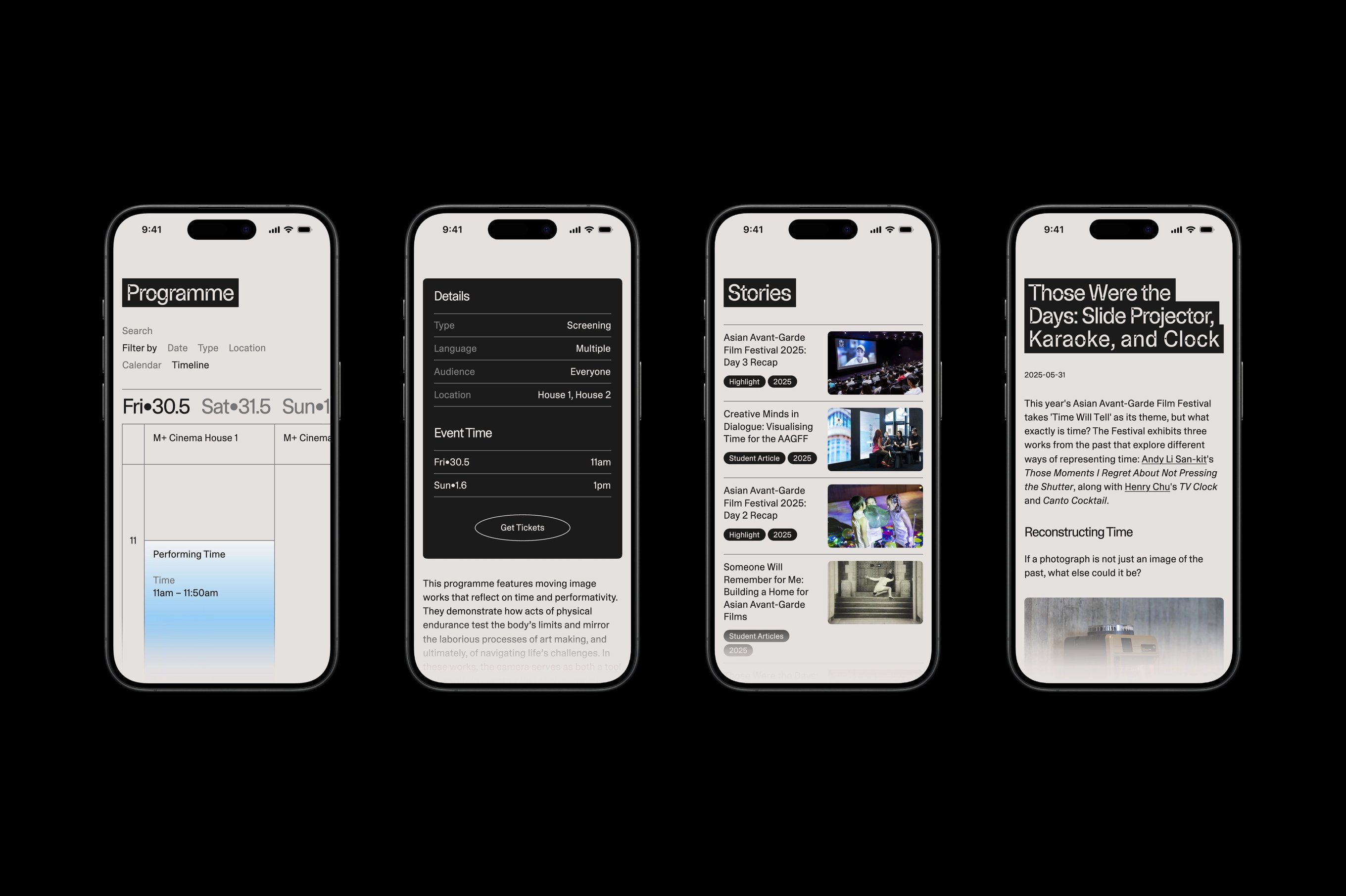 Four iPhones featuring the Asian Avant-Garde Film Festival's website design.