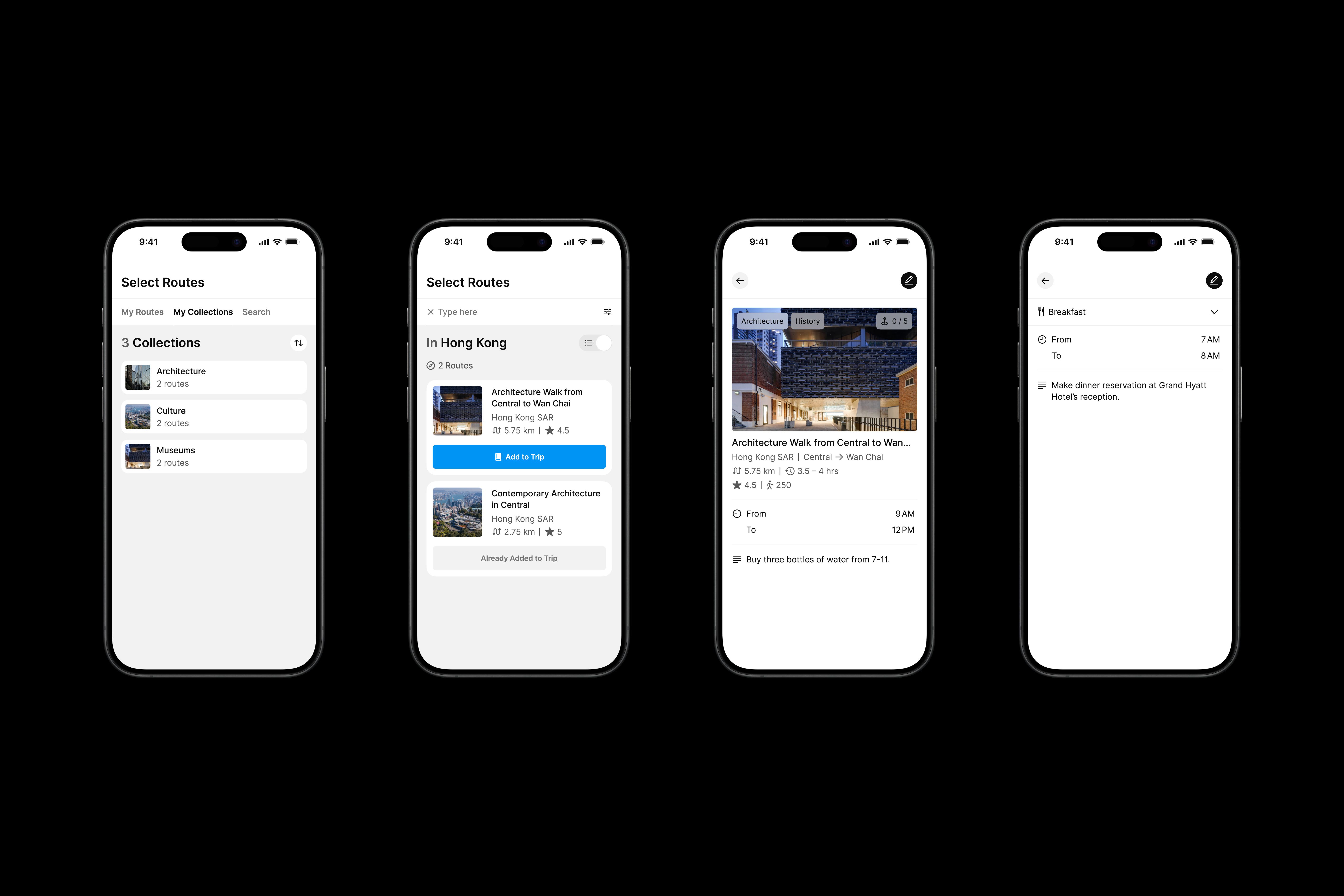 Four iPhone mock ups featuring Many Road's app design.