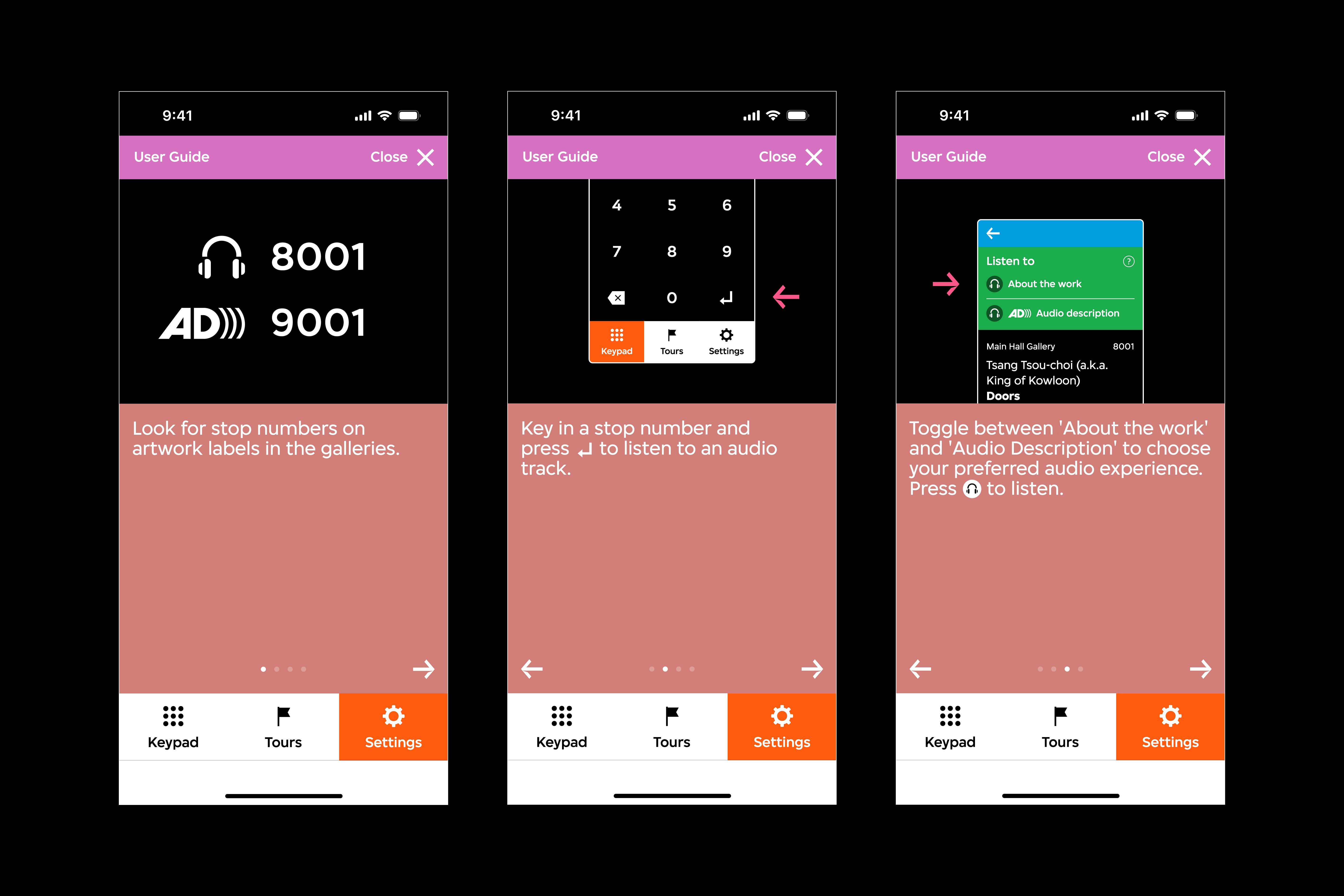 There are three audio guide interfaces. Each interface features an illustration that instructs a user of the audio guide's function, such as audio stop numbers, the keypad, and the ability to toggle between two audio tracks. 