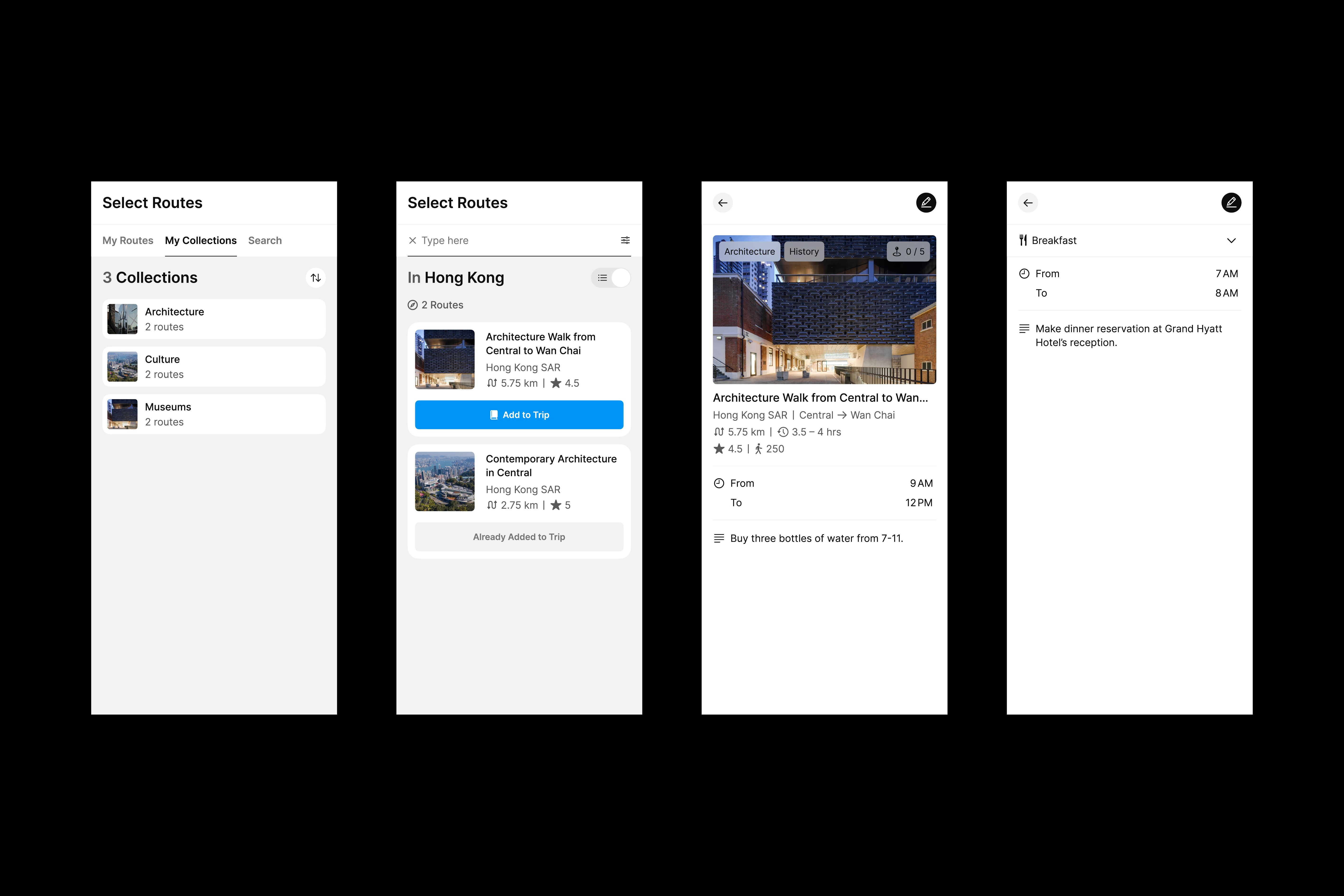 Four designs featuring the Many Road app's route selection sequence under the planner section.