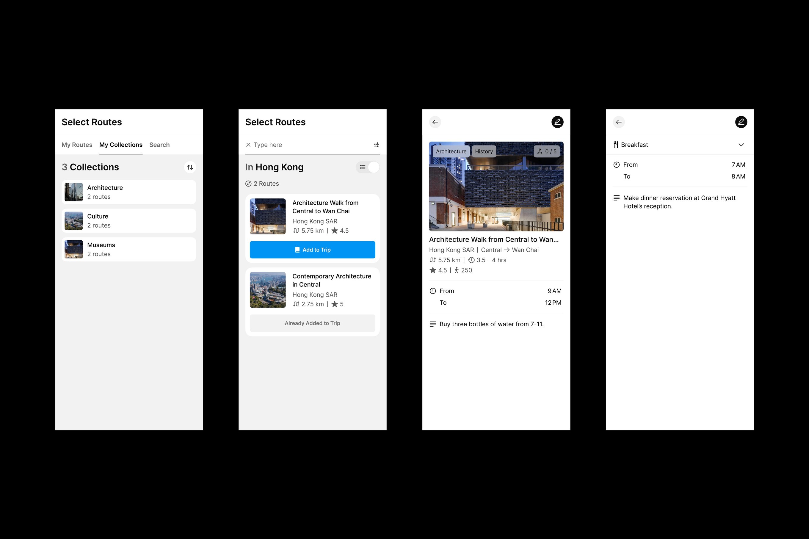 Four designs featuring the Many Road app's route selection sequence under the planner section.