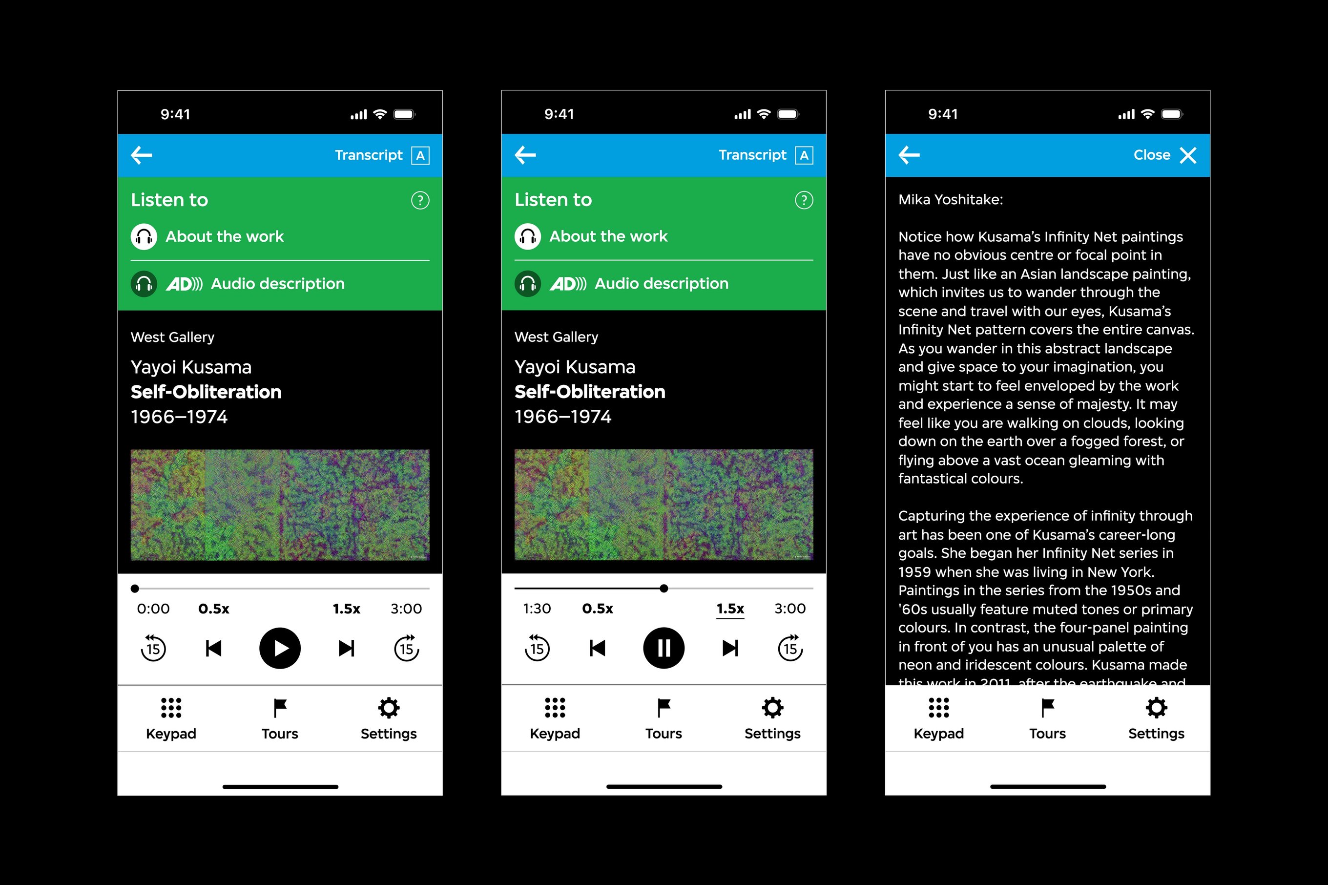 There are three audio guide interfaces. The first and second interface features an activated audio player interface at the bottom of the viewport, and the second interface features an audio track transcript.