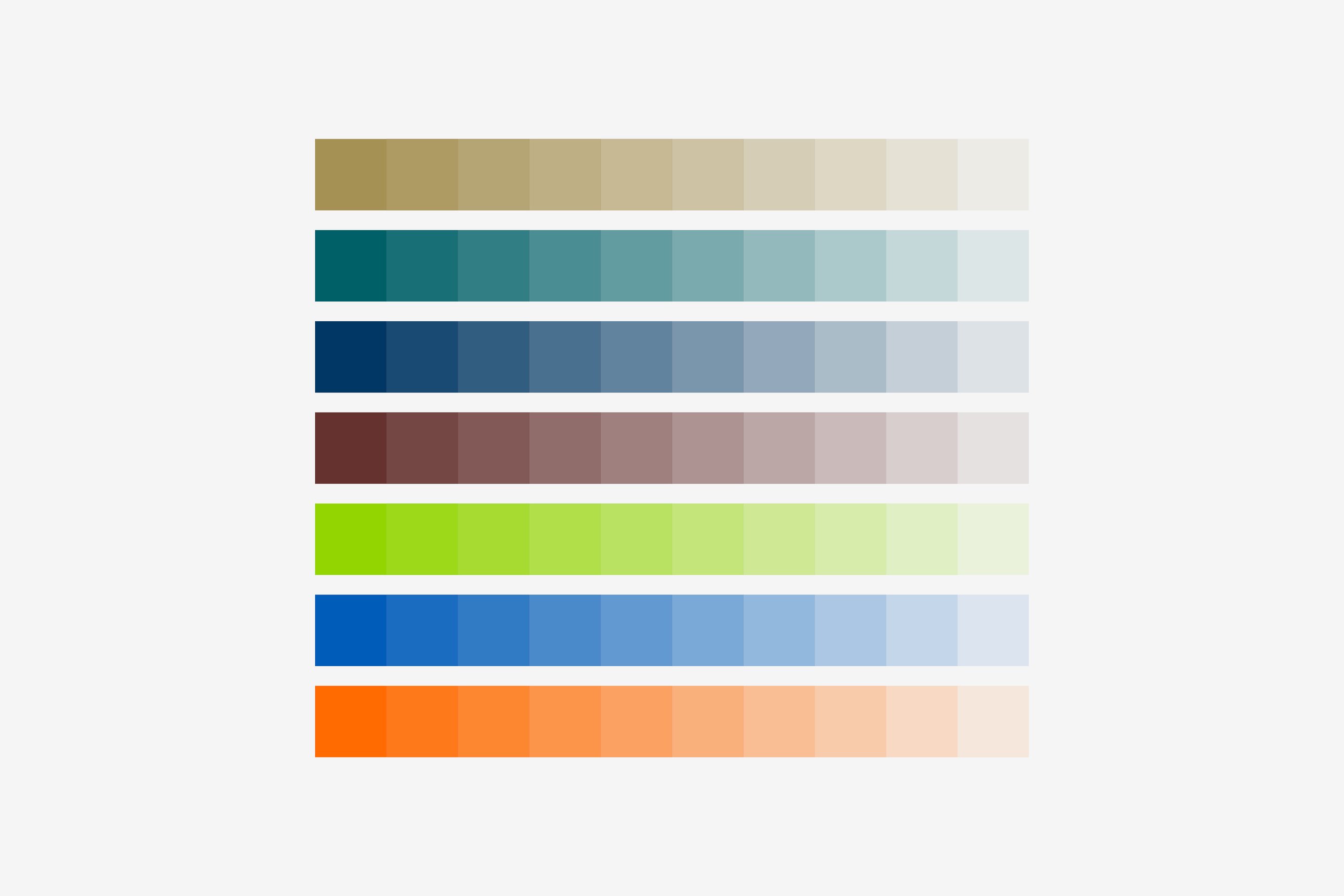 Seven bars of colour and their opacity, from gold, teal, navy, burgundy, lime, blue, and orange in their various hues.