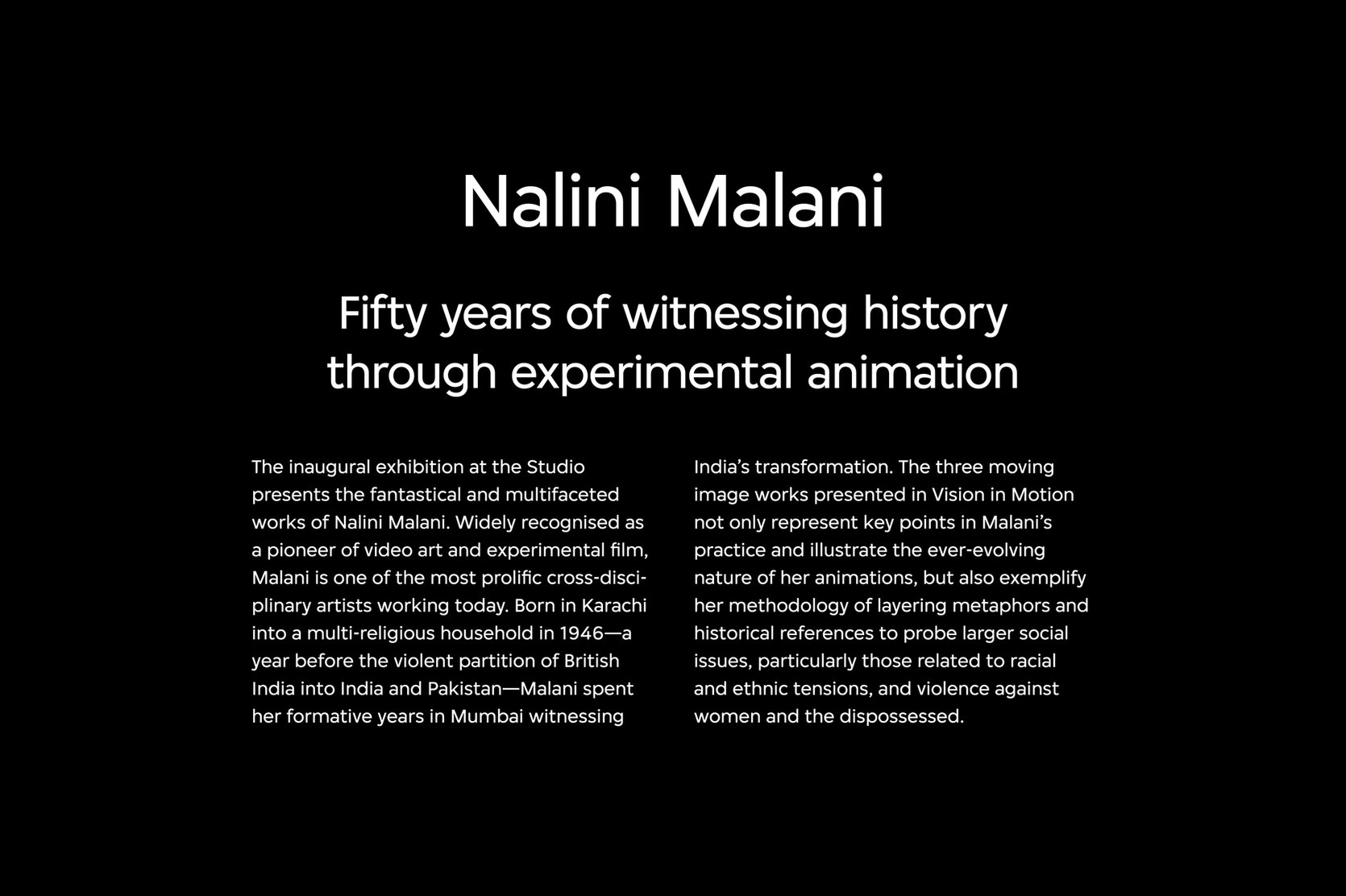 A typographical representation of the heading, subheading, and body text formatted for the Nalini Malani exhibition brochure.