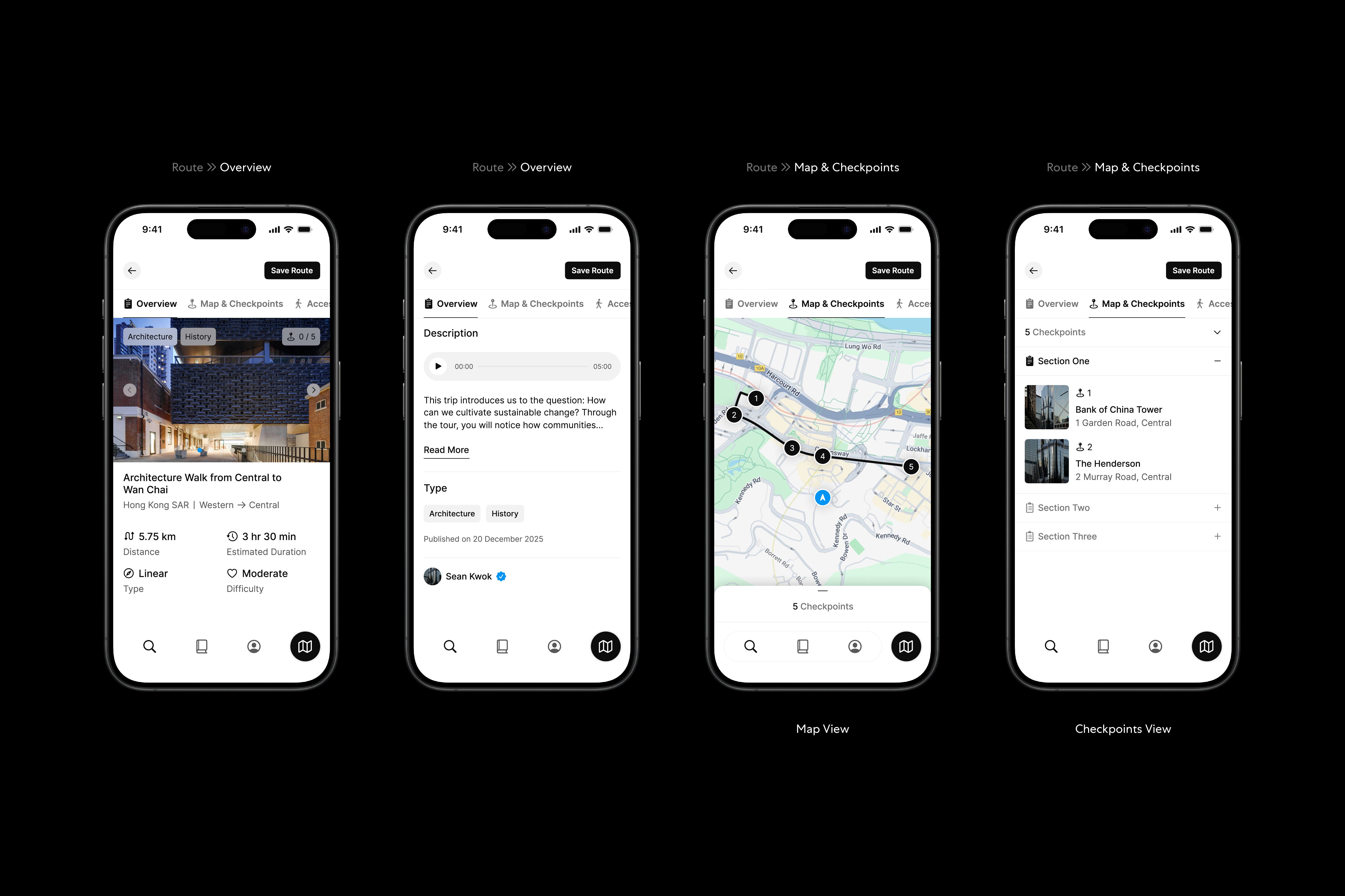 Four designs featuring the Many Road app's route details page.