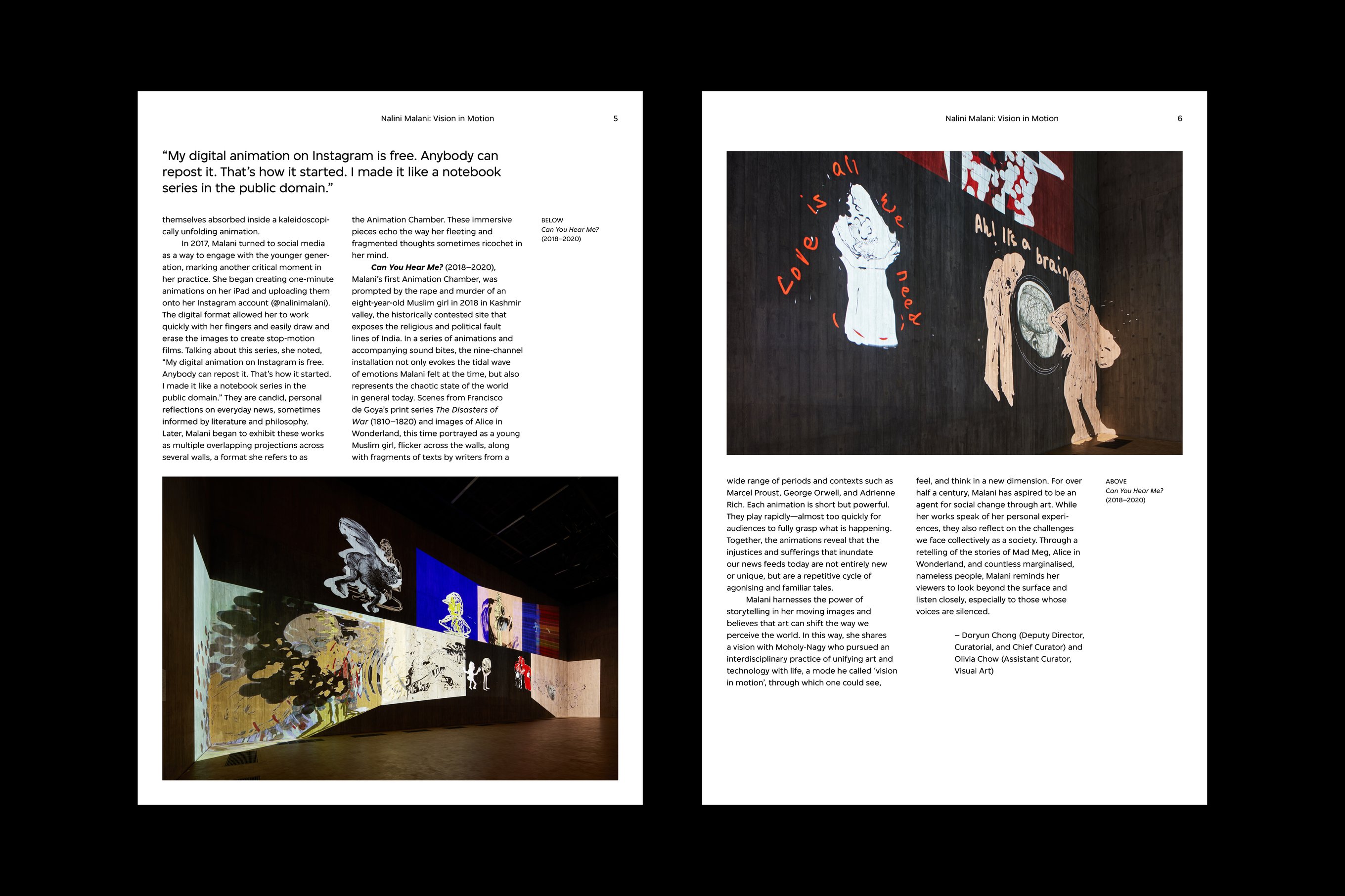 Essay page designs for the Nalini Malani exhibition brochure with images, captions, and pull quotes.