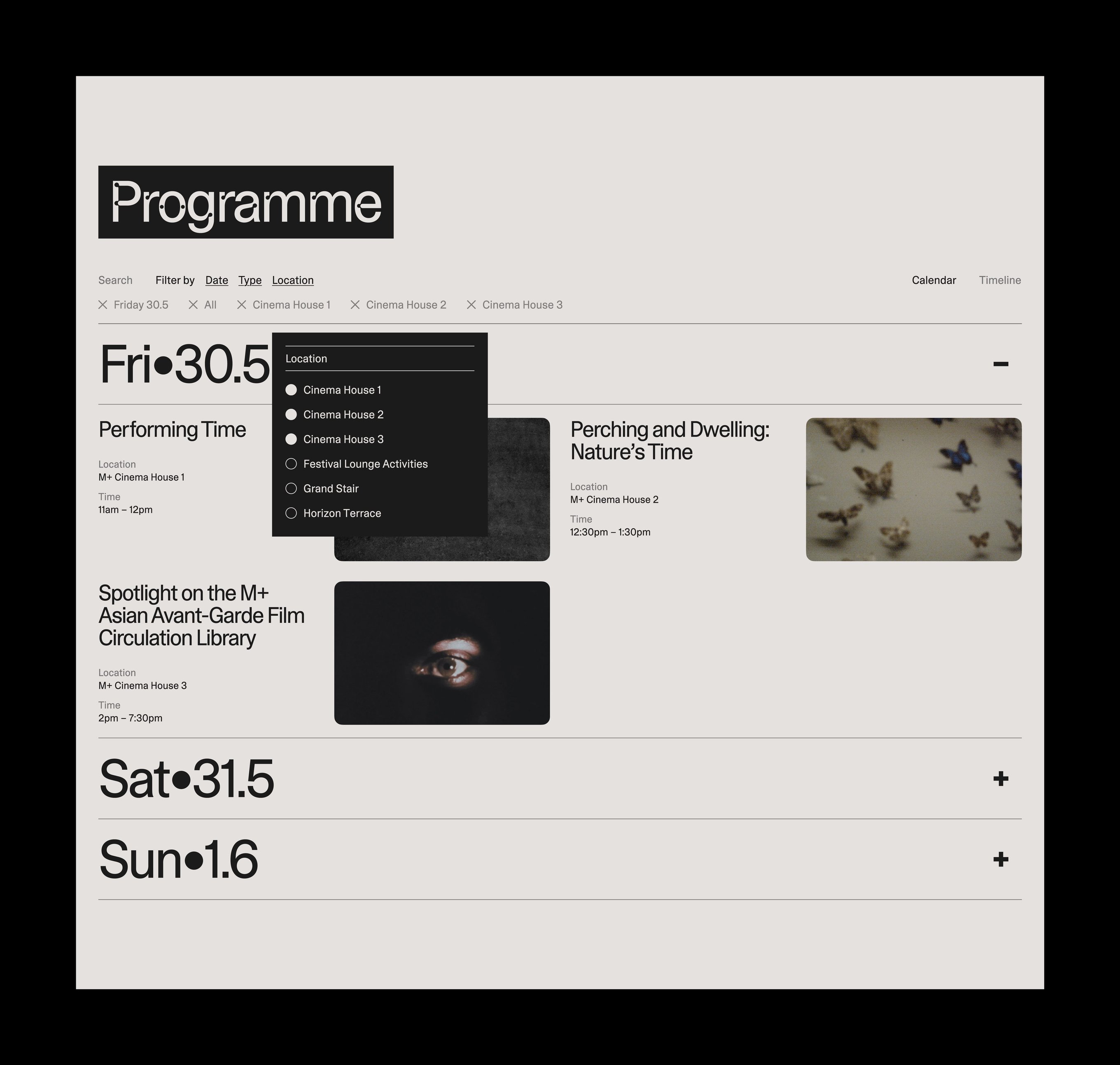 The programme page design of the Asian Avant-Garde Film Festival with filter options.