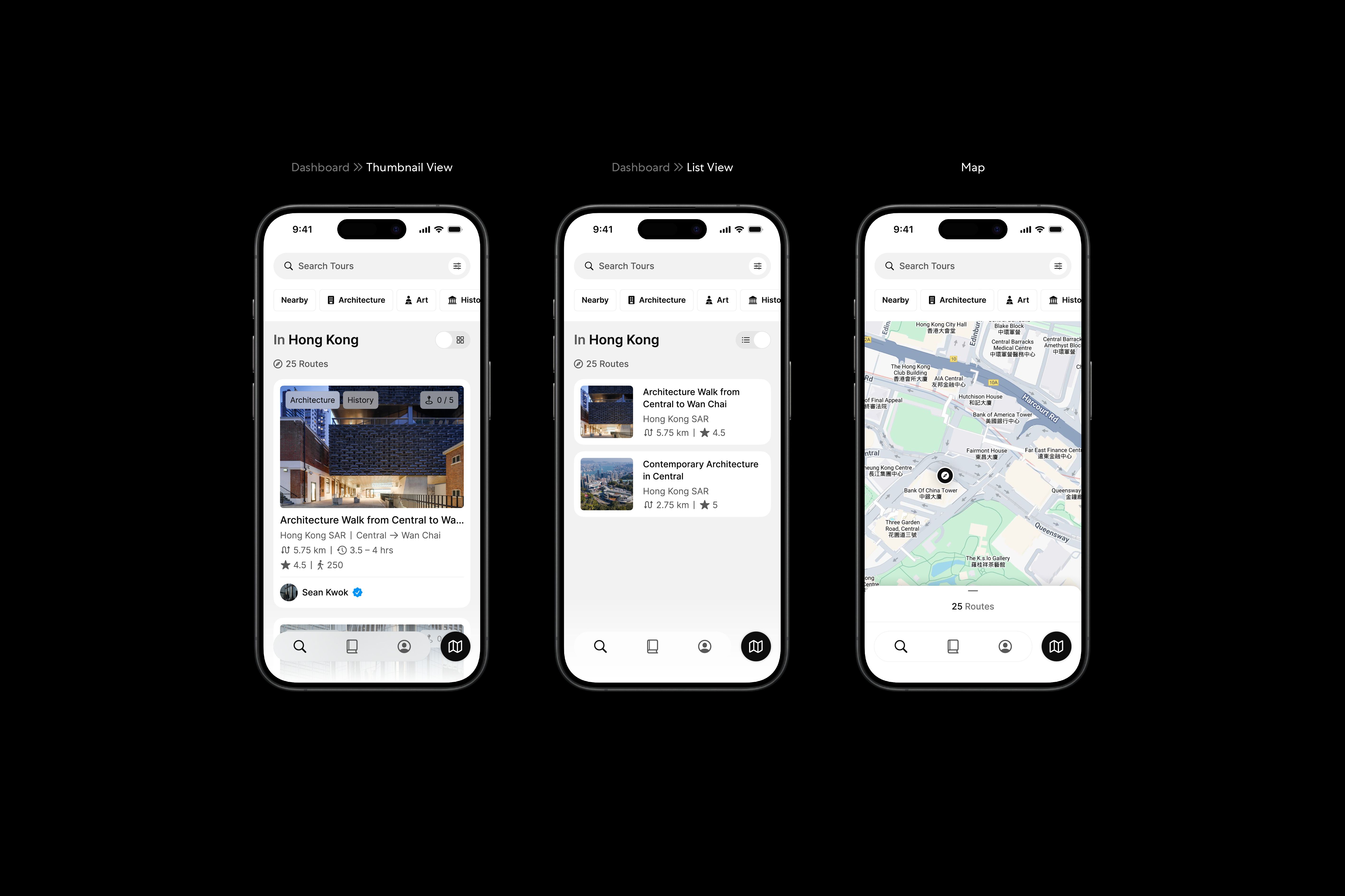 Three designs featuring the Many Road app's dashboard page.