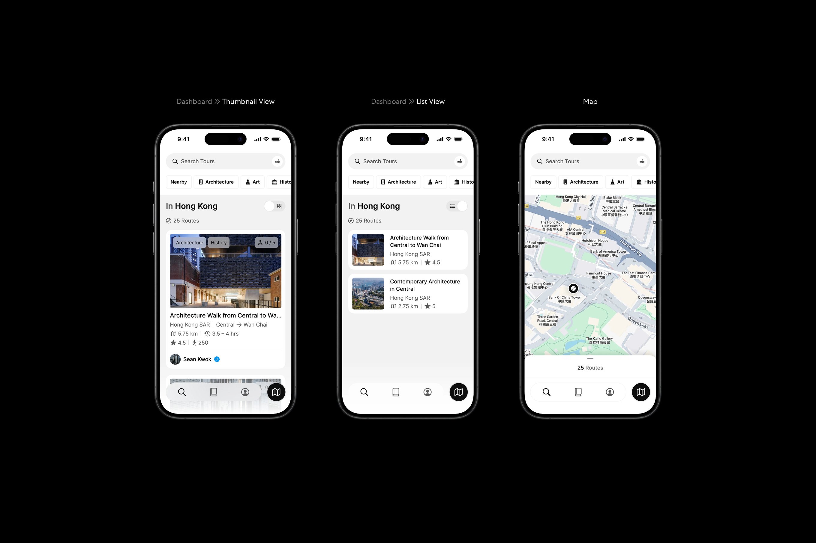 Three designs featuring the Many Road app's dashboard page.