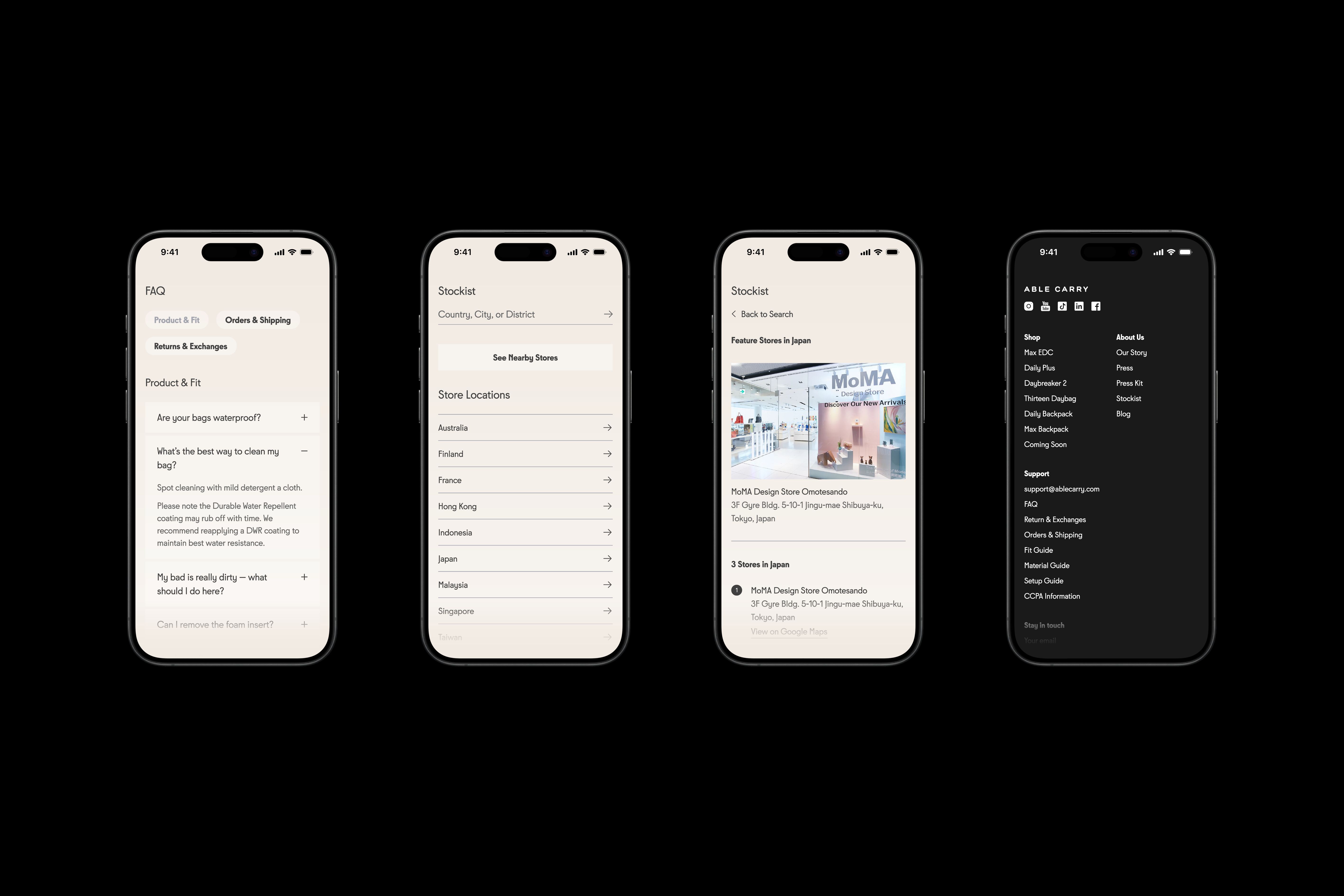 Four iPhones featuring the Able Carry's website design.