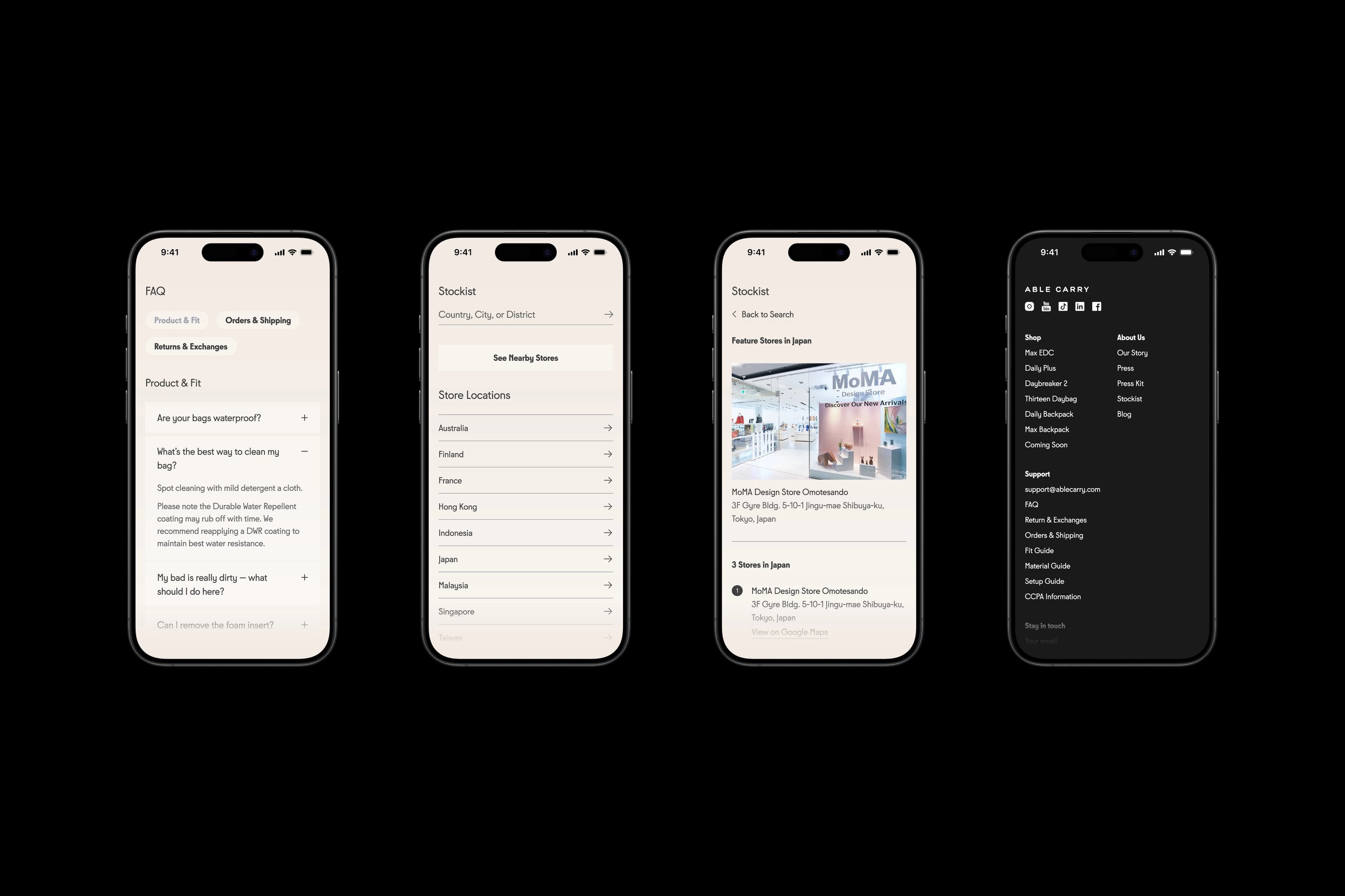 Four iPhones featuring the Able Carry's website design.