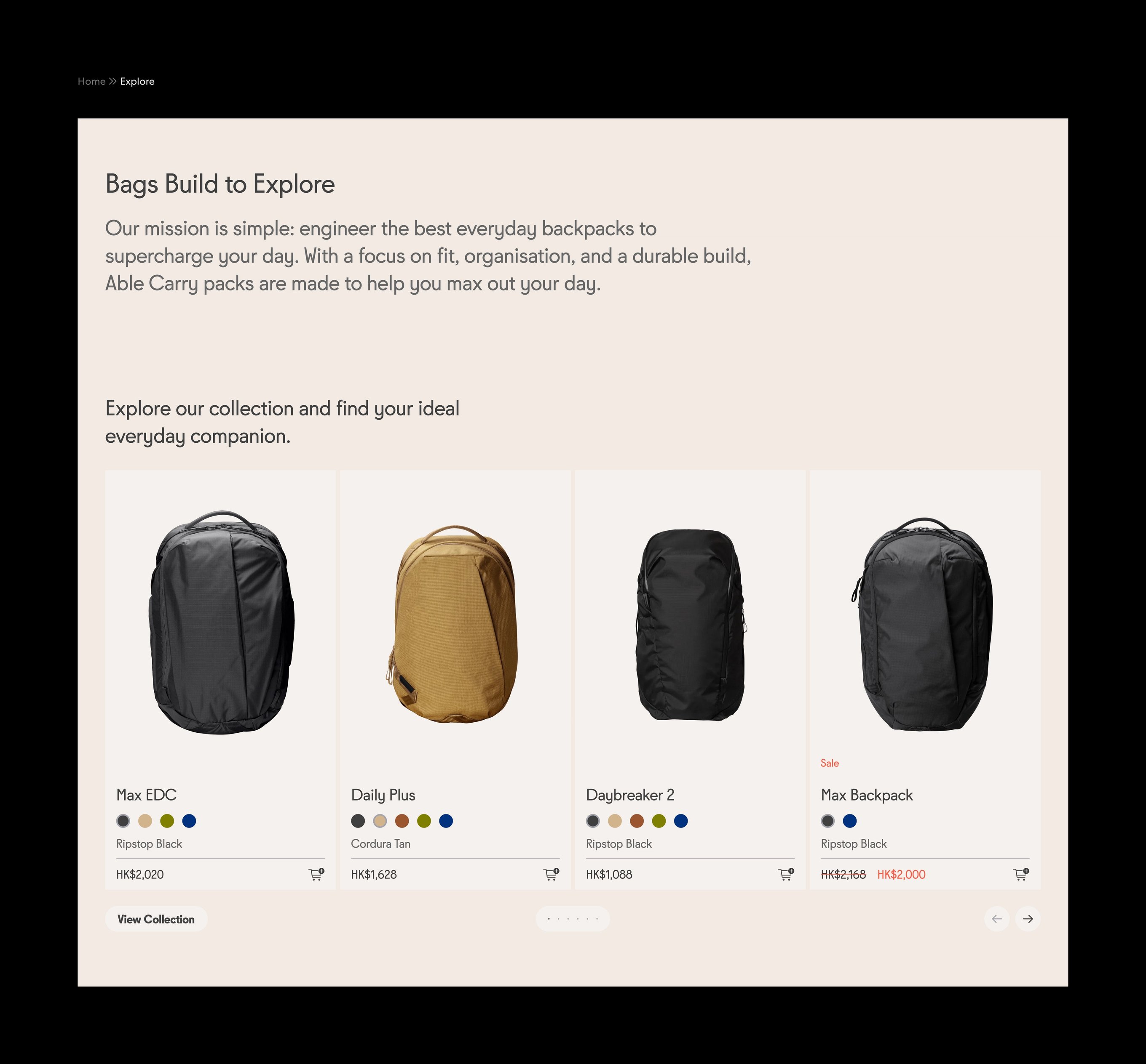 An image featuring Able Carry's homepage product section design.