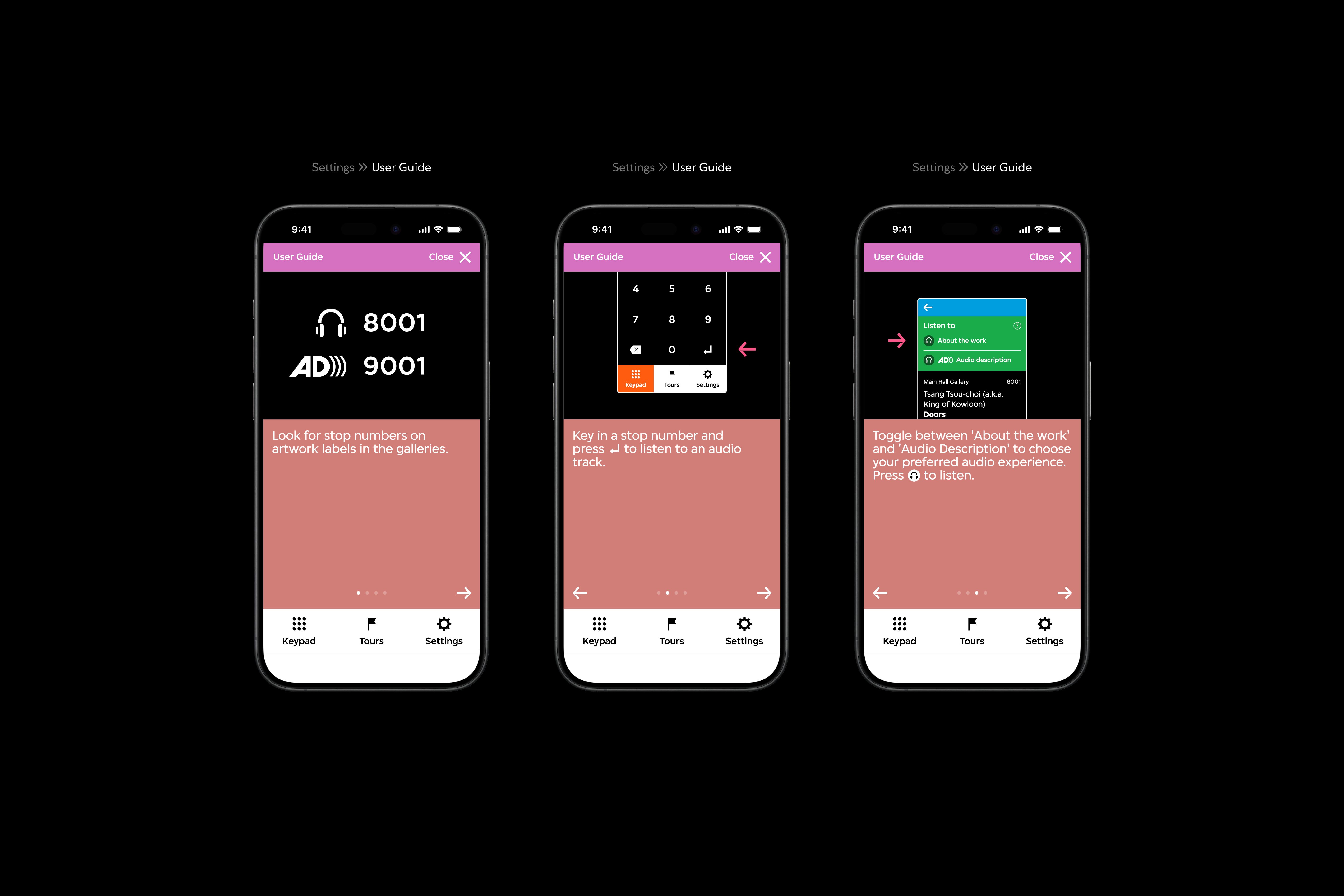 There are three audio guide interfaces. Each interface features an illustration that instructs a user of the audio guide's function, such as audio stop numbers, the keypad, and the ability to toggle between two audio tracks. 