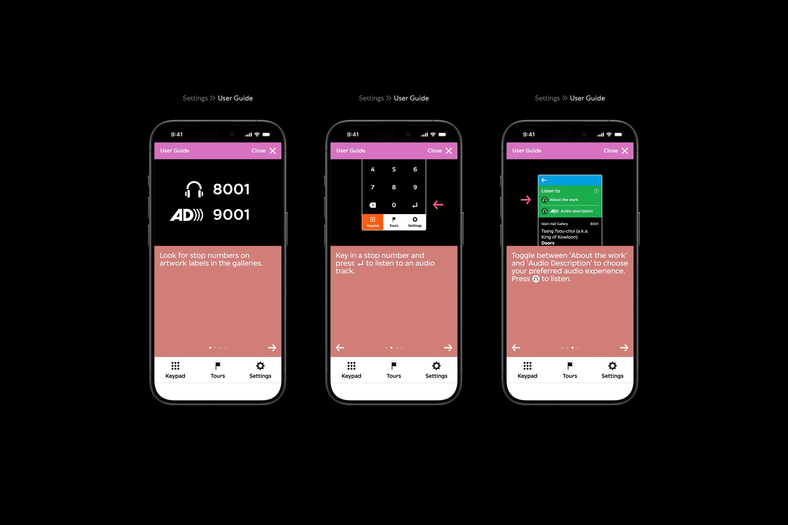 There are three audio guide interfaces. Each interface features an illustration that instructs a user of the audio guide's function, such as audio stop numbers, the keypad, and the ability to toggle between two audio tracks.